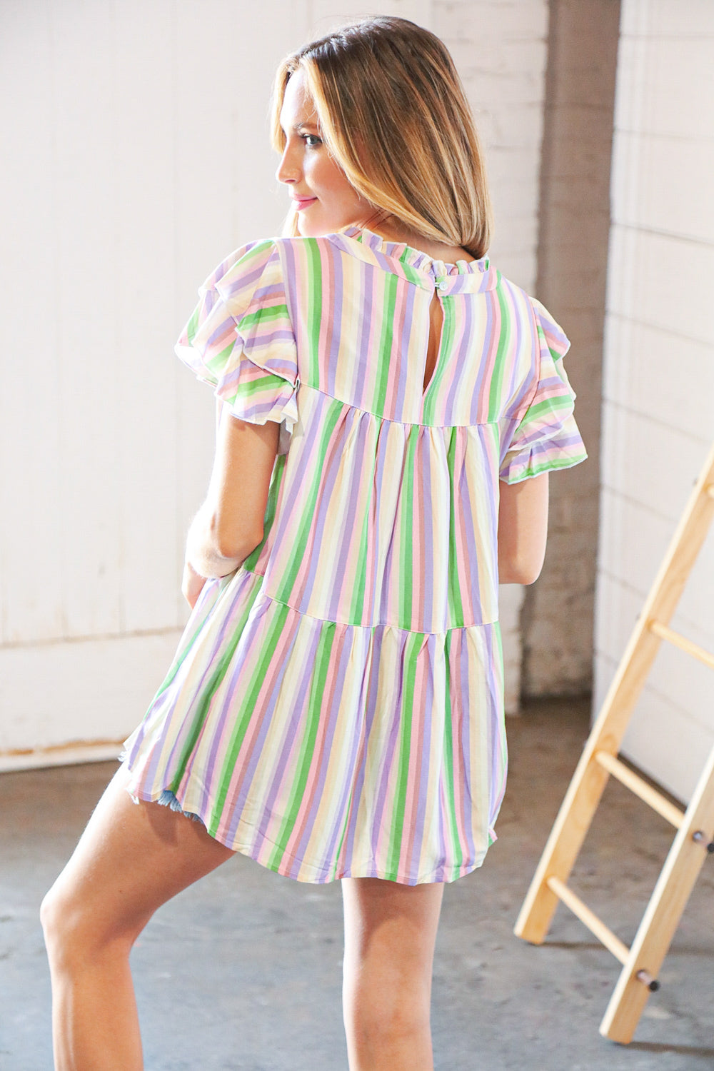 Multi Stripe Double Ruffle Sleeve Frill Tiered Top