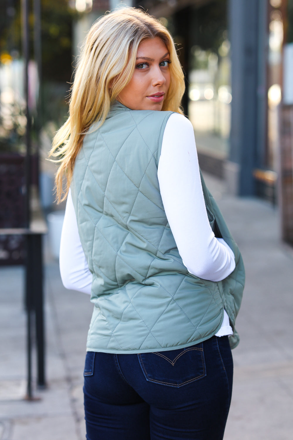 Layer Up Sage High Neck Quilted Puffer Vest