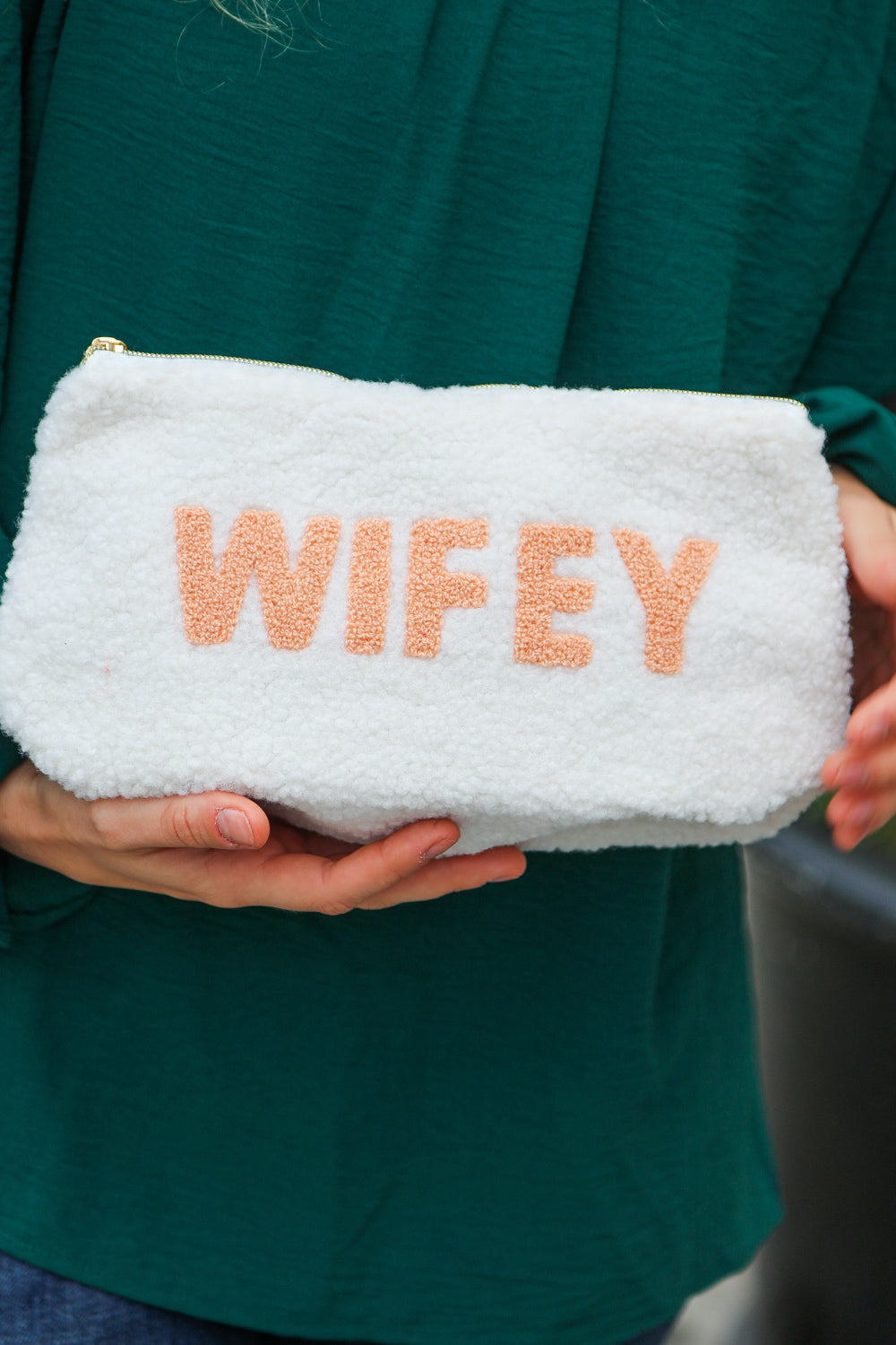 Cream "Wifey" Sherpa Zipper Bag