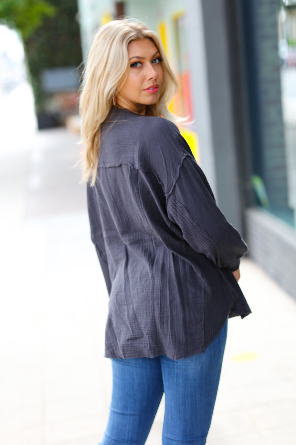 The Slouchy Ash Grey Gauze & Waffle Henley Top