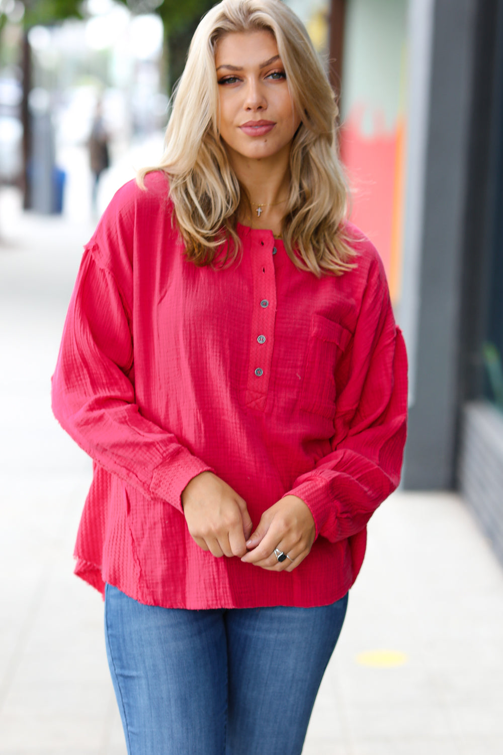 Magenta Gauze & Waffle Henley Oversized Top