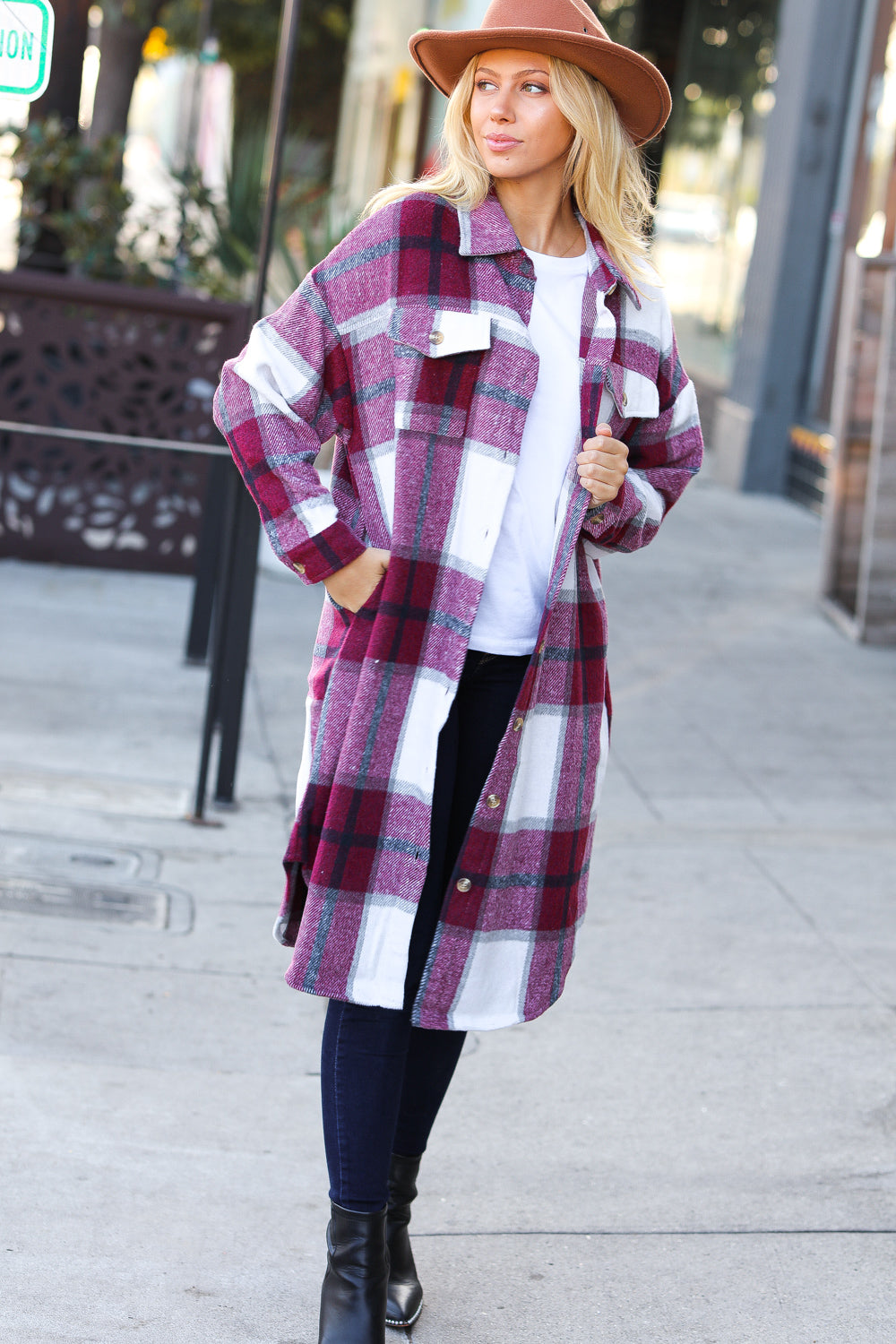 Eyes On You Burgundy Plaid Longline Jacket