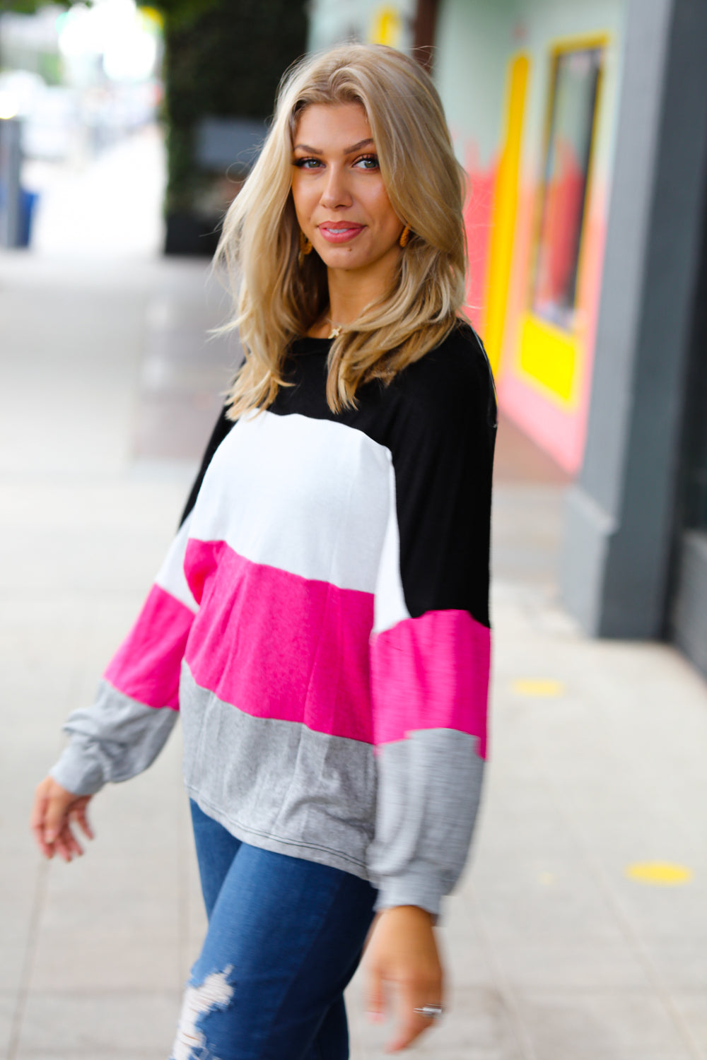 Fuchsia & Black Color Block Hacci Sweater Top