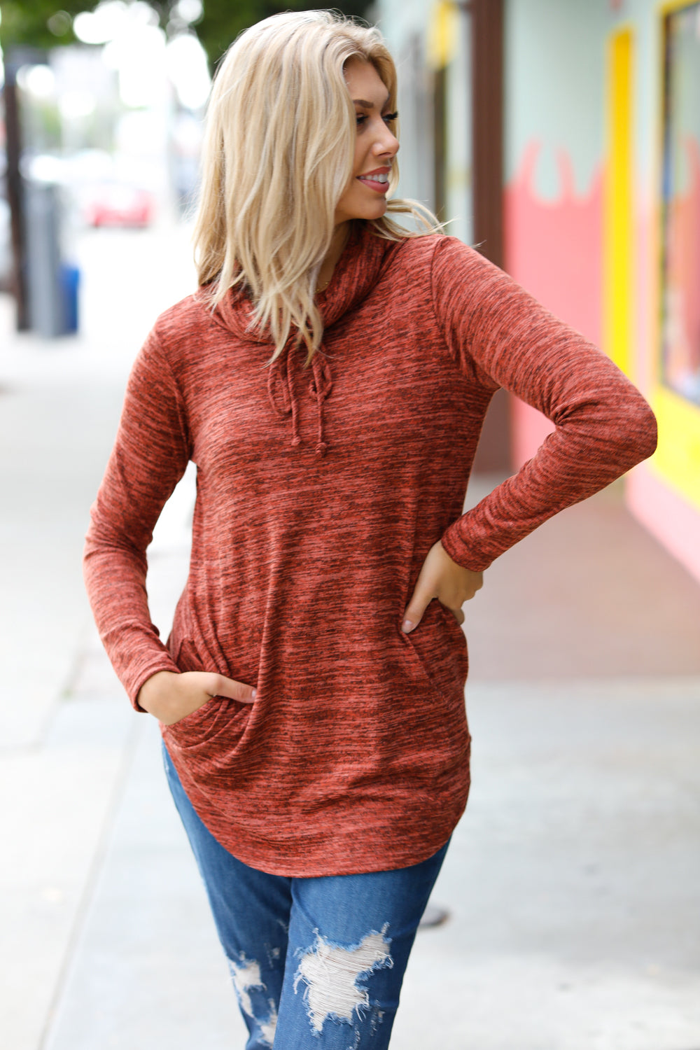 Be Your Best Rust Marled Cowl Neck Pocketed Top