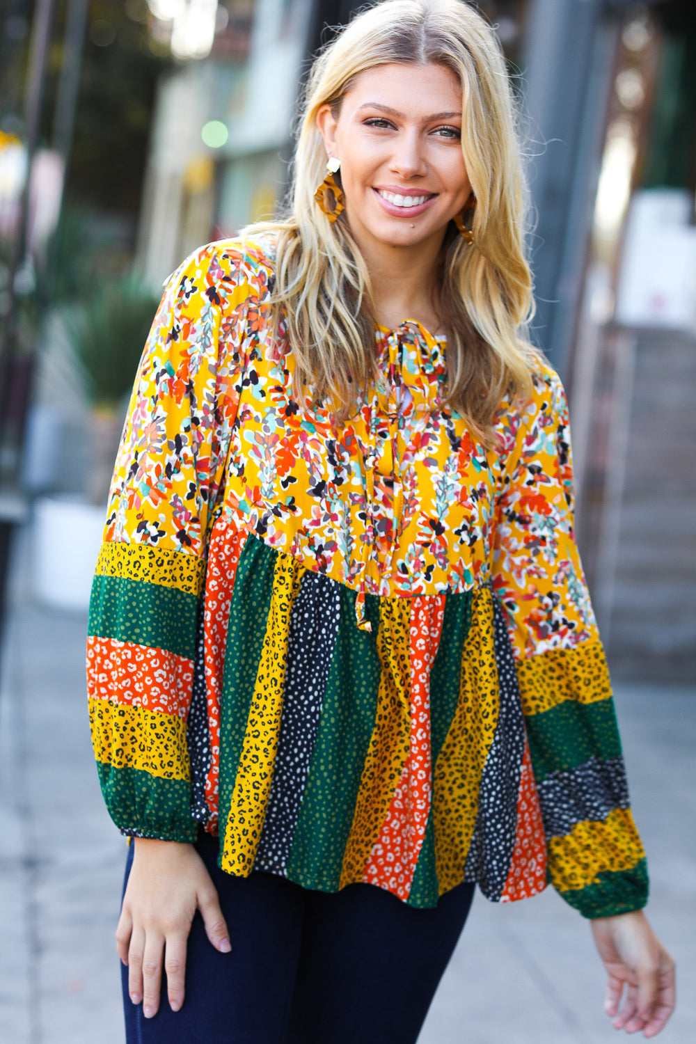 Bohemian Mustard & Rust Floral Leopard Babydoll Top