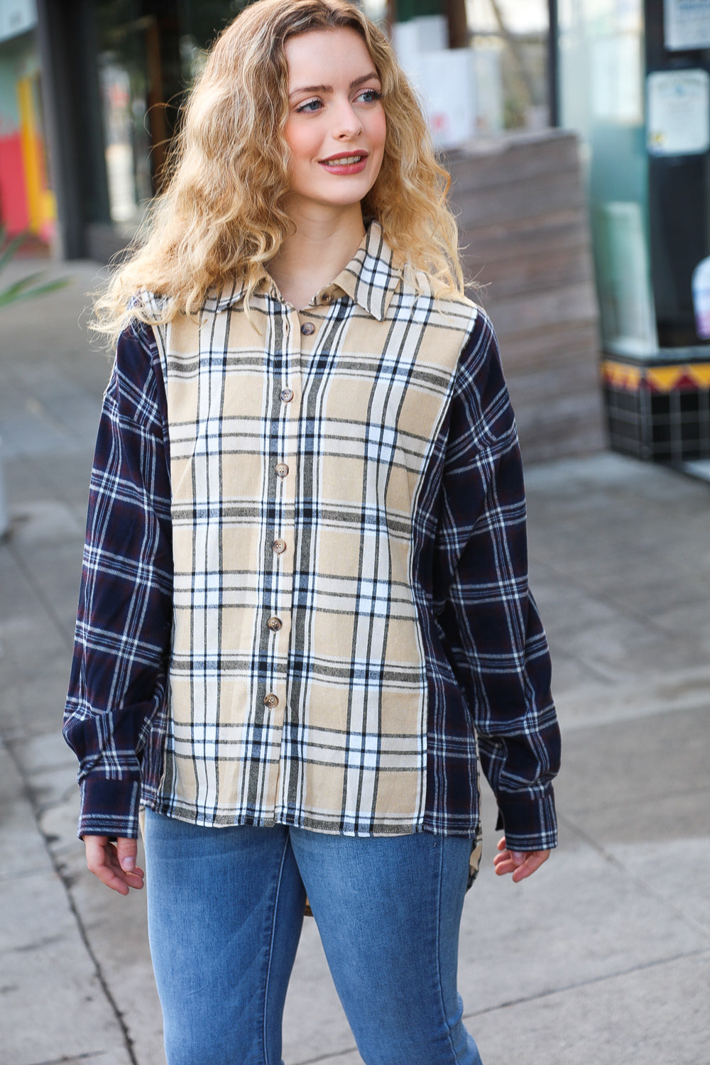 It's All Possible Navy& Beige Cotton Plaid Hi-Lo Shirt Top