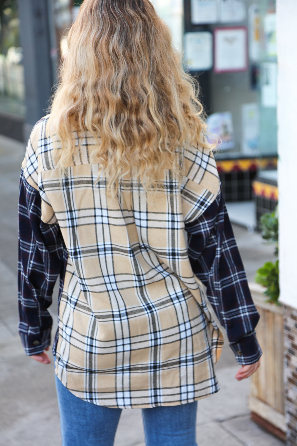 It's All Possible Navy& Beige Cotton Plaid Hi-Lo Shirt Top