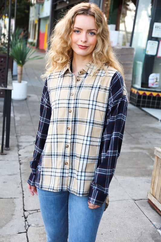 It's All Possible Navy& Beige Cotton Plaid Hi-Lo Shirt Top