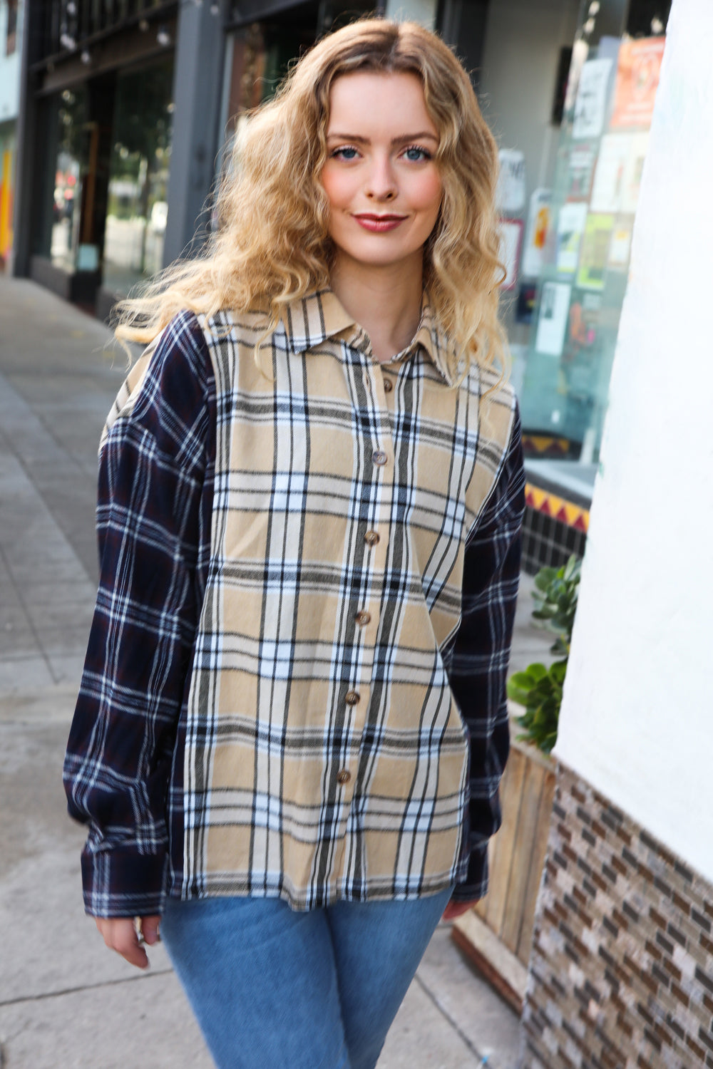 It's All Possible Navy& Beige Cotton Plaid Hi-Lo Shirt Top