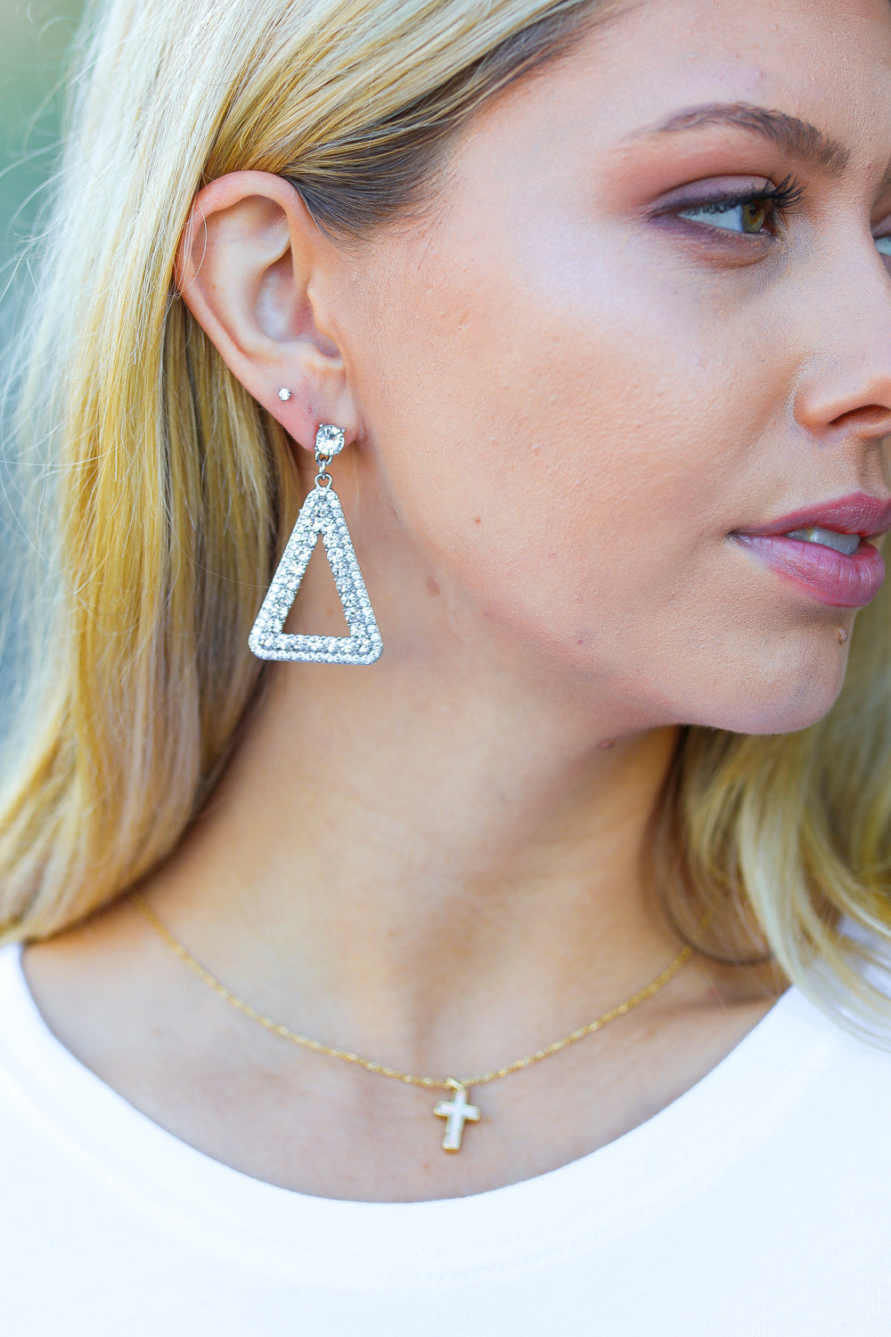 Silver Triangle Rhinestone Studded Drop Earrings