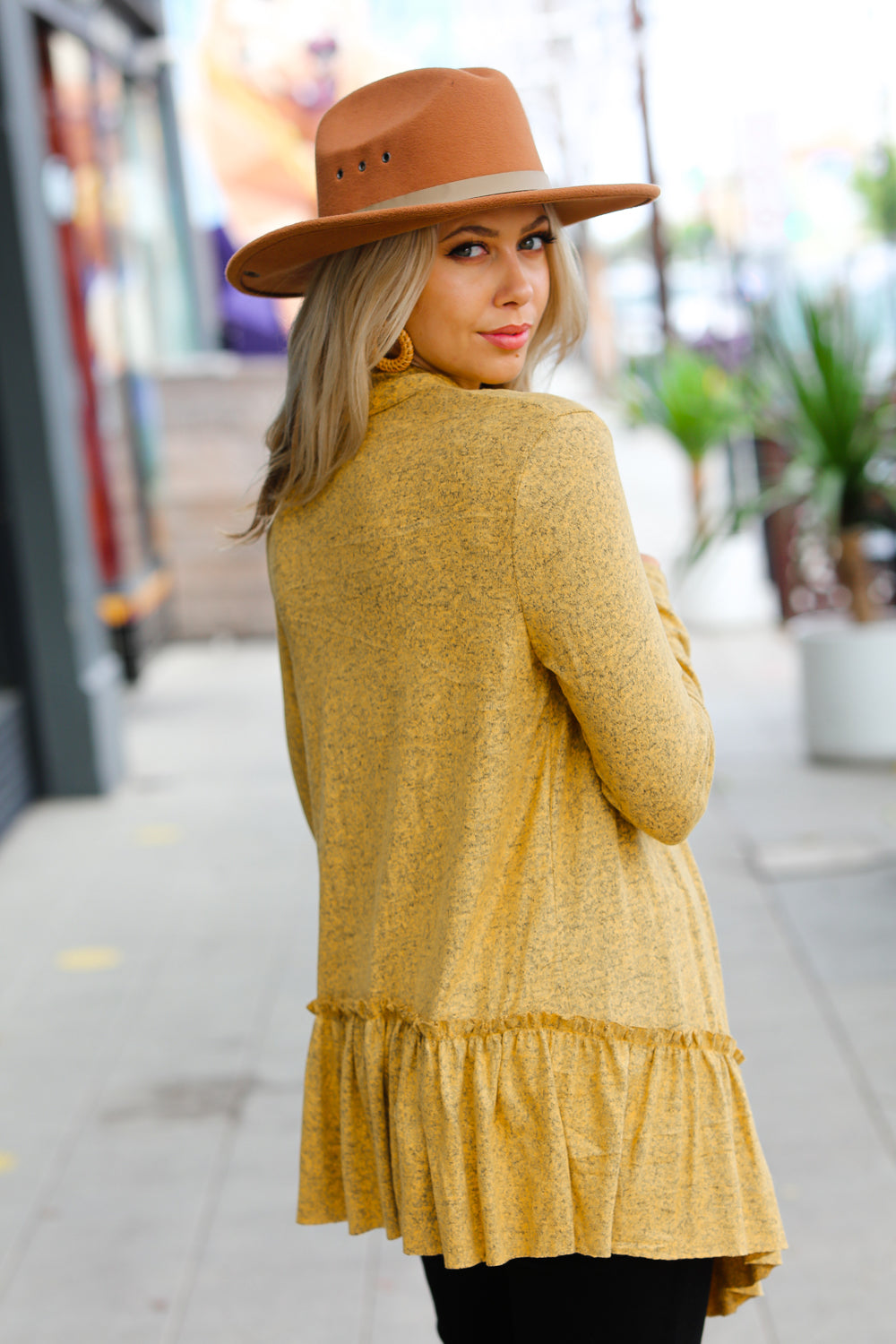 Face the Day Mustard Two-Tone Ruffle Cardigan