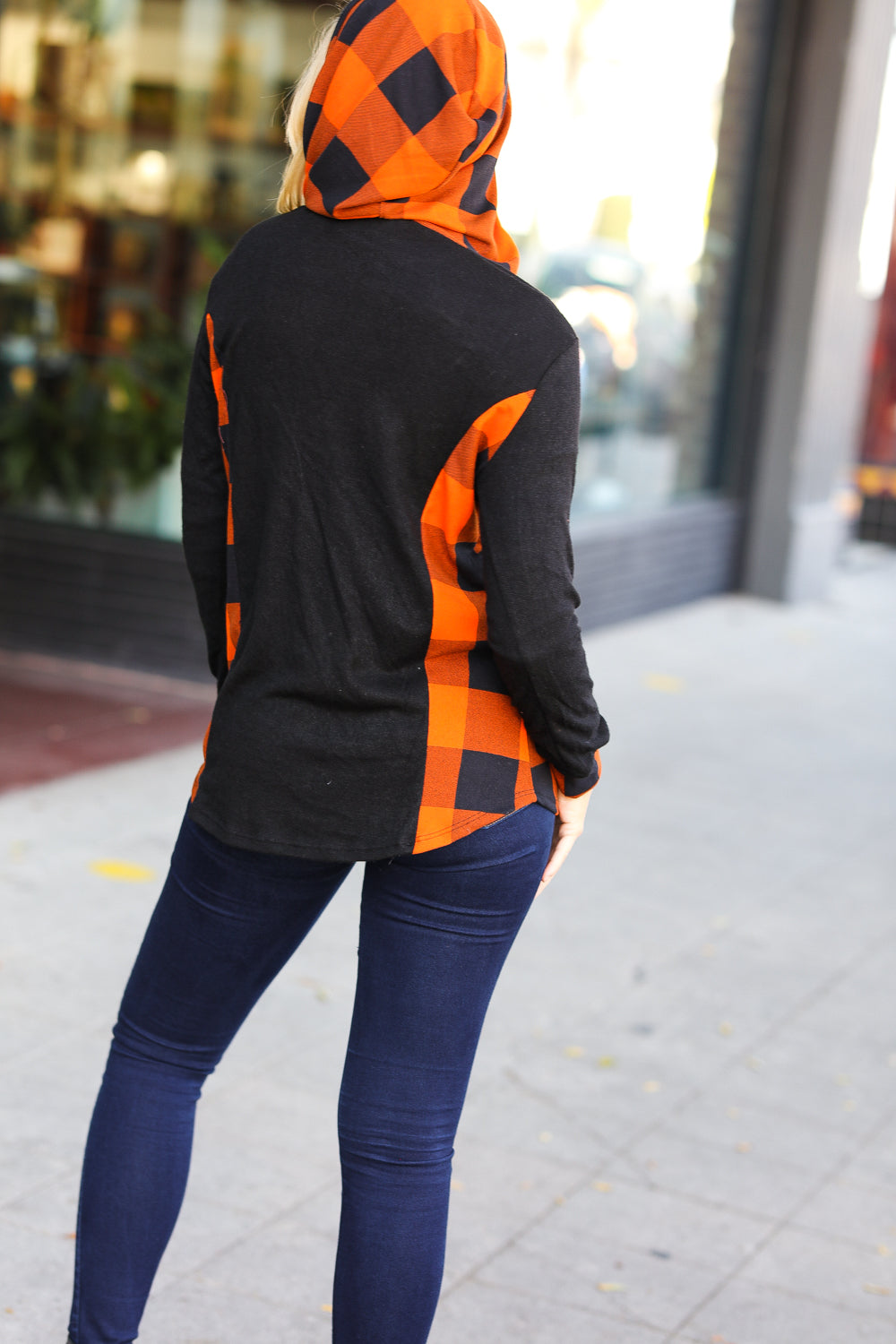 Looking Festive Black & Rust Plaid Hacci Knit Hoodie