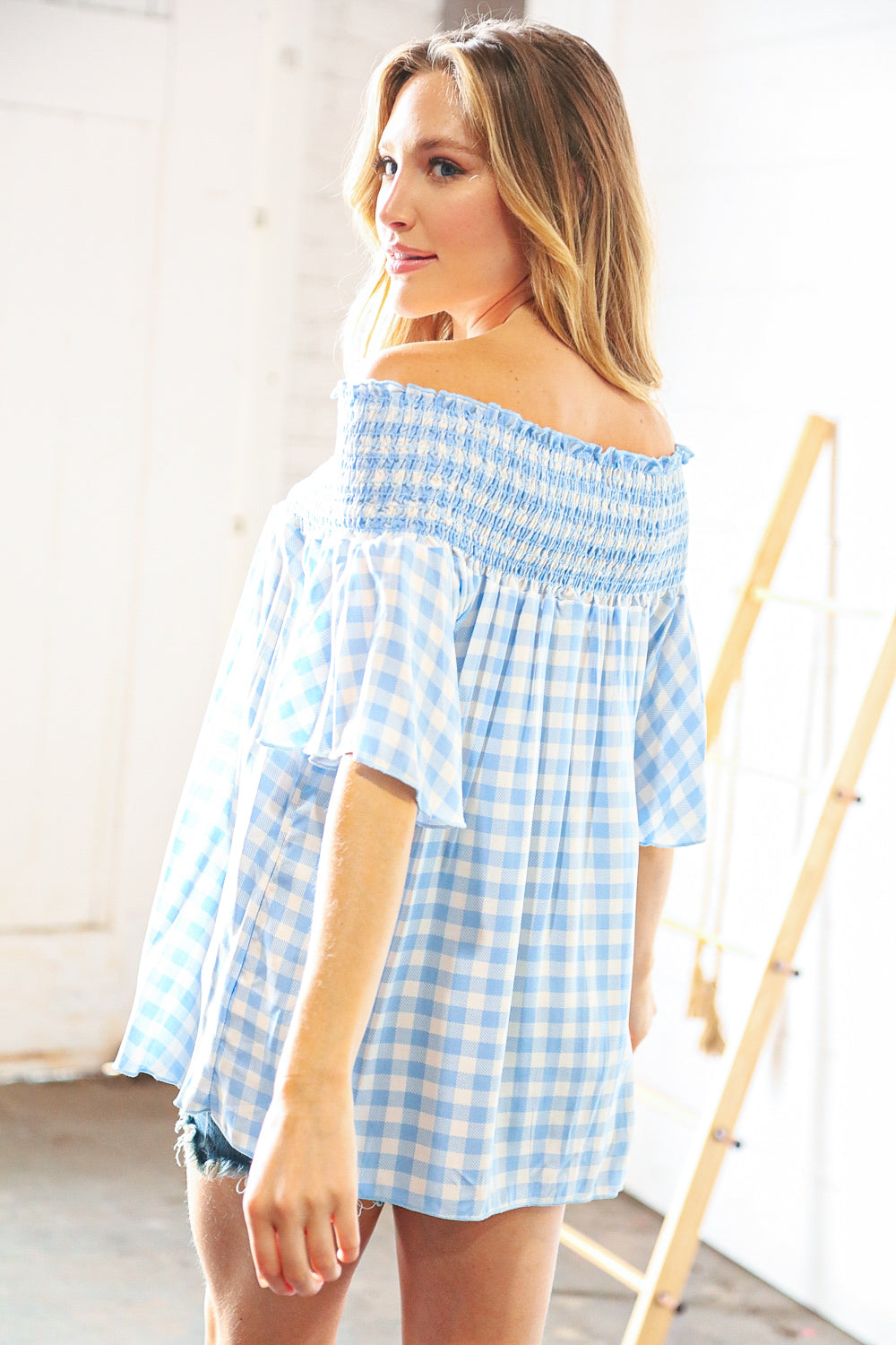 Blue Gingham Smocked Button Detail Off Shoulder Top