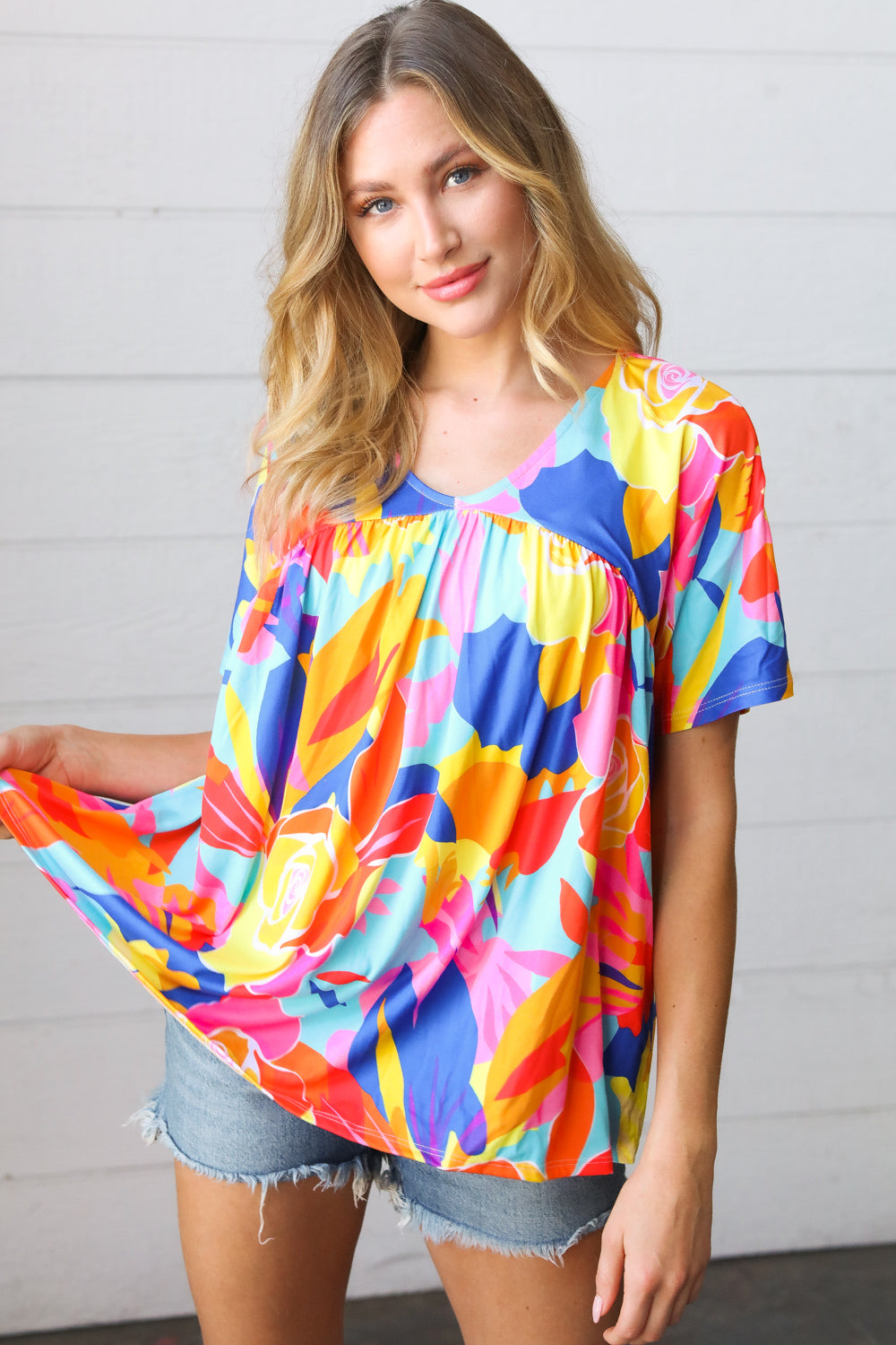 Orange & Yellow Geometric Floral V Neck Dolman Top