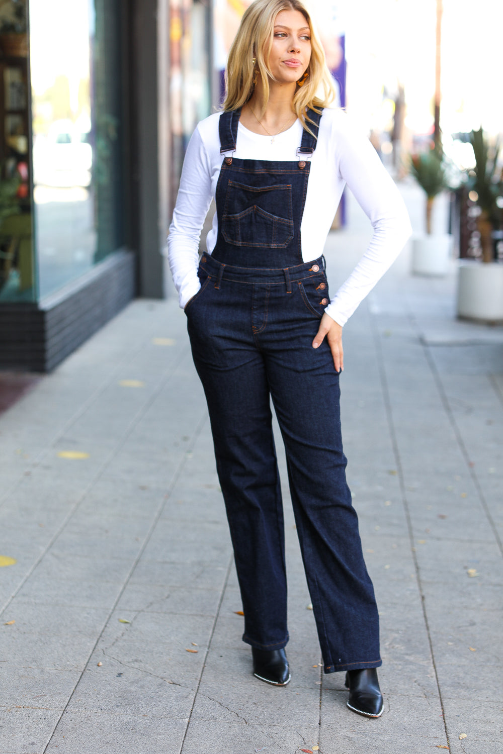 Just For You Dark Denim High Waist Wide Leg Overalls