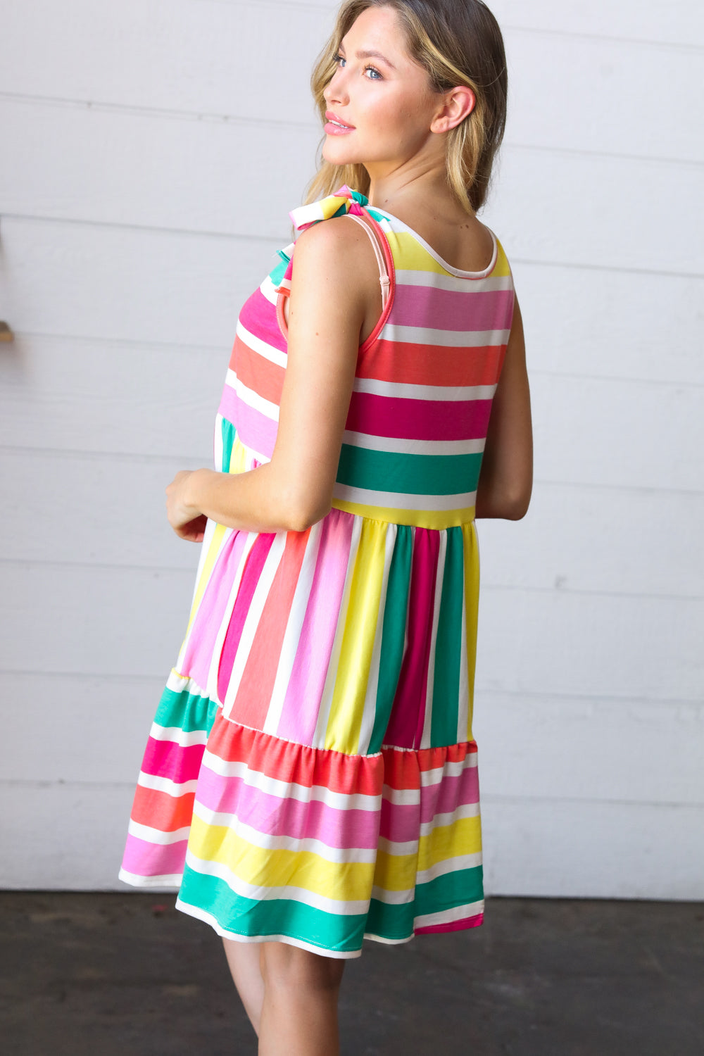 Multicolor Stripe Shoulder Tie Knot Ruffle Hem Dress