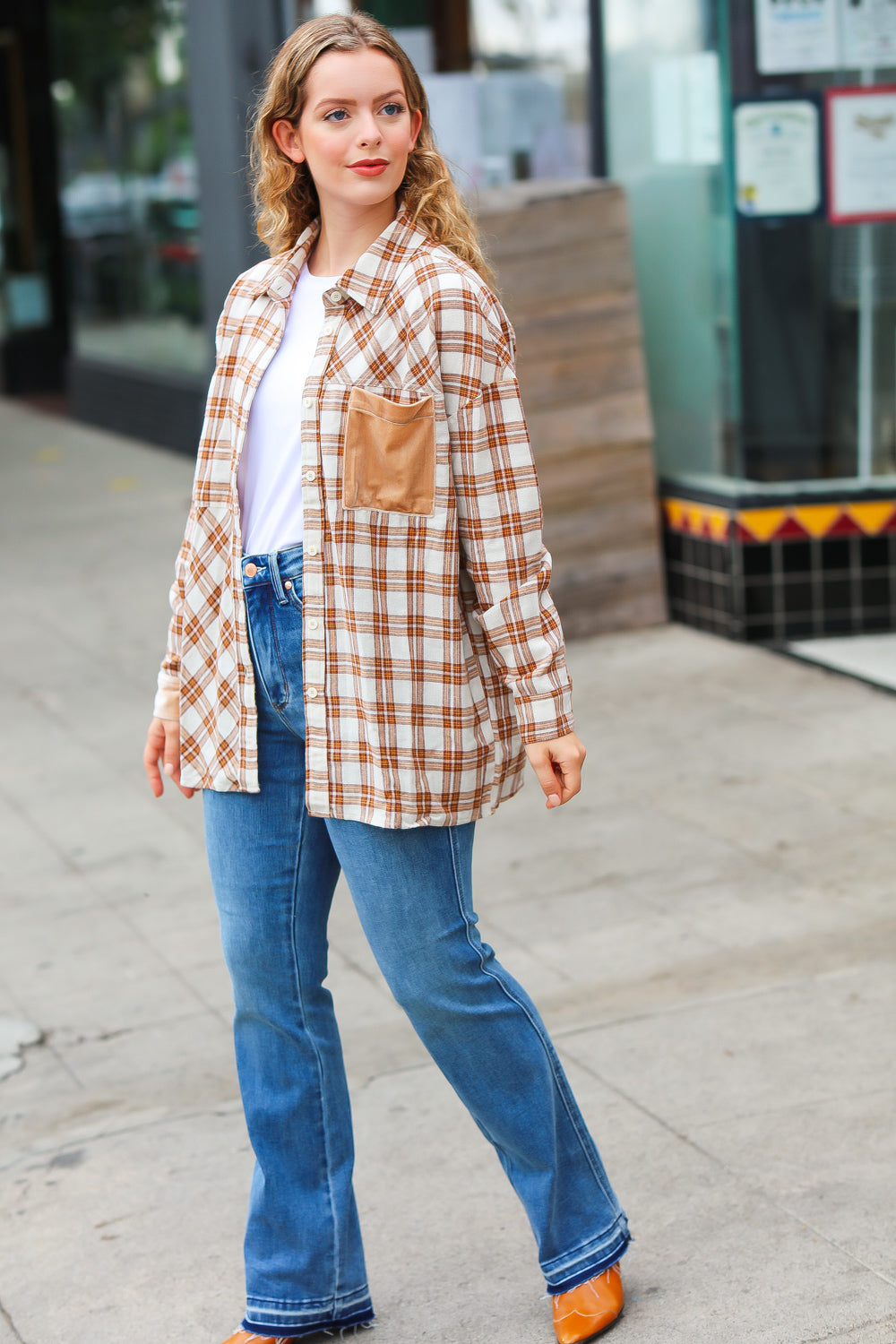 Eyes On You Taupe Plaid Velvet Pocket Button Down Top