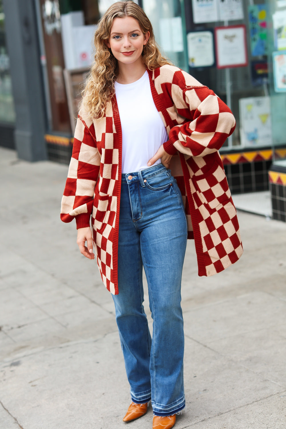 Can't Help But Love Rust Checkered Open Cardigan