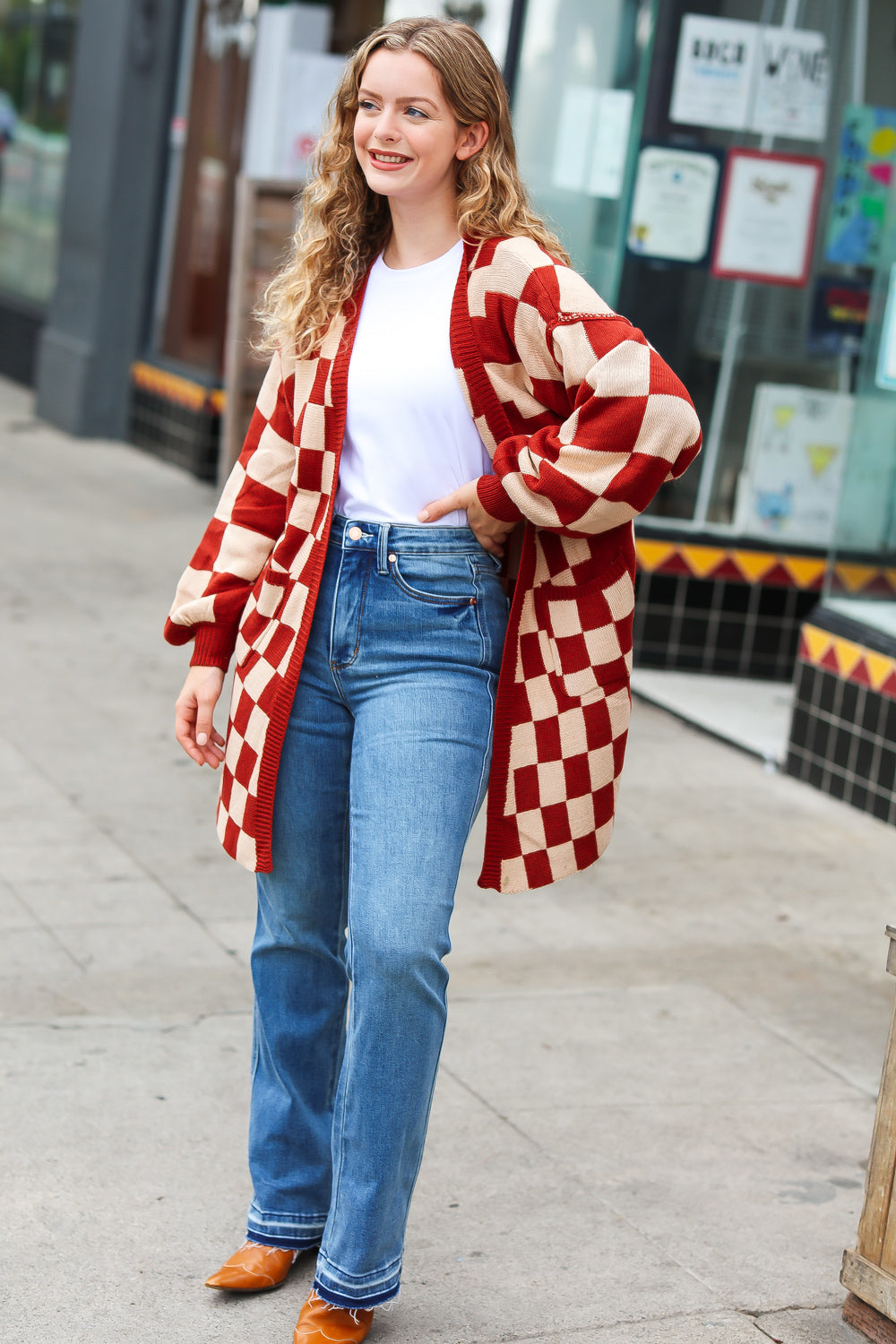 Can't Help But Love Rust Checkered Open Cardigan