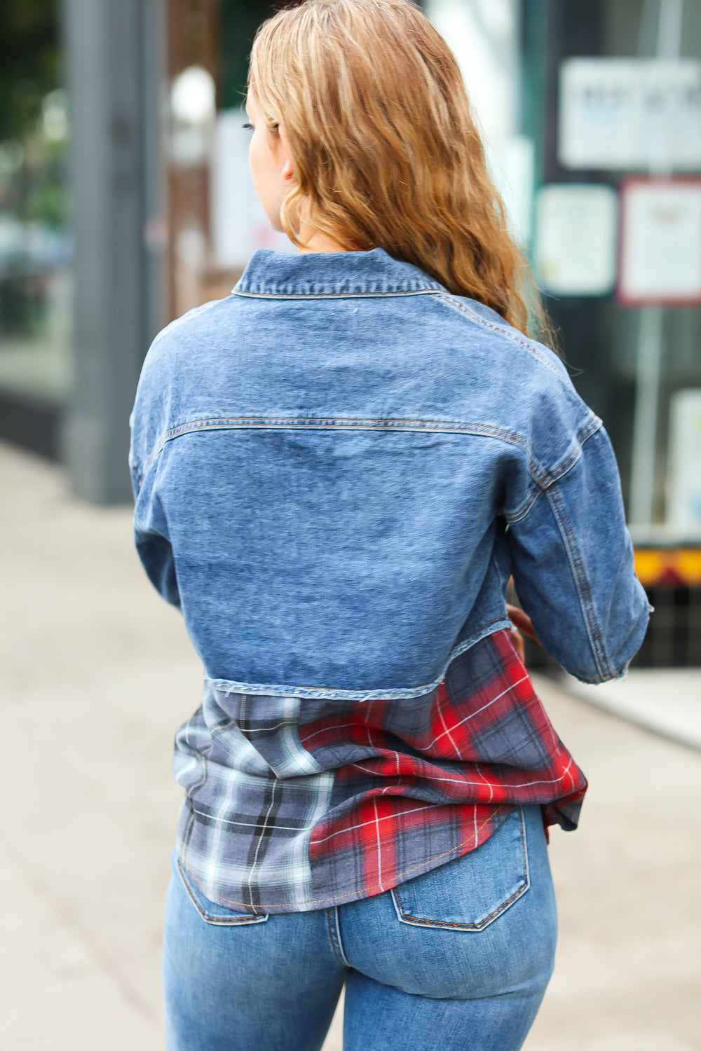 Denim & Plaid Color Block Cut Edge Jacket