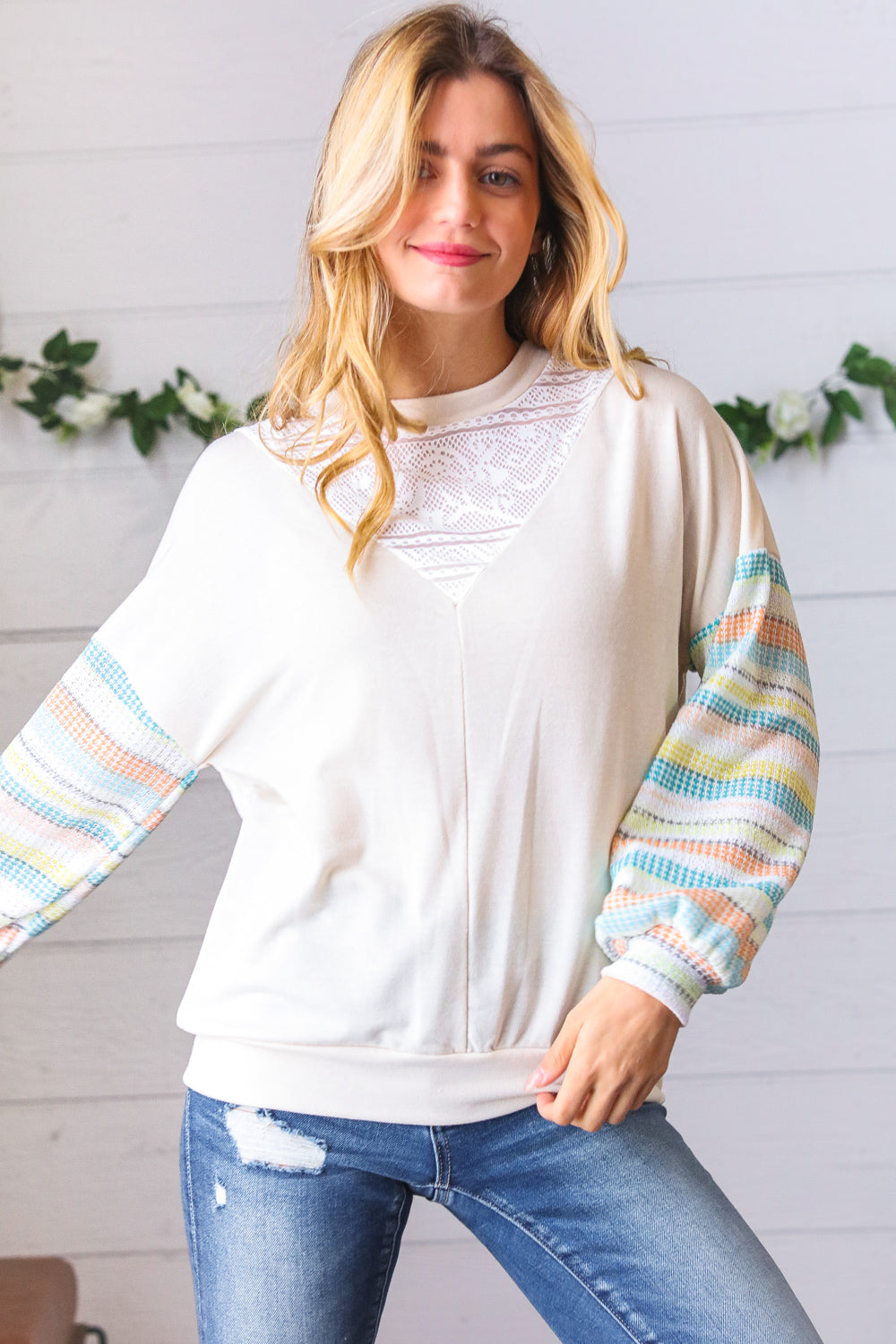 Oatmeal Lace V Neck Vintage Stripe Pullover