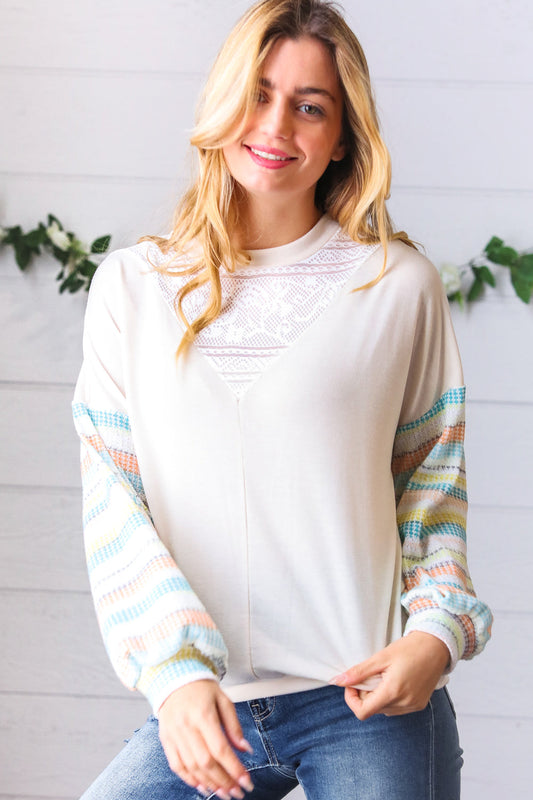 Oatmeal Lace V Neck Vintage Stripe Pullover