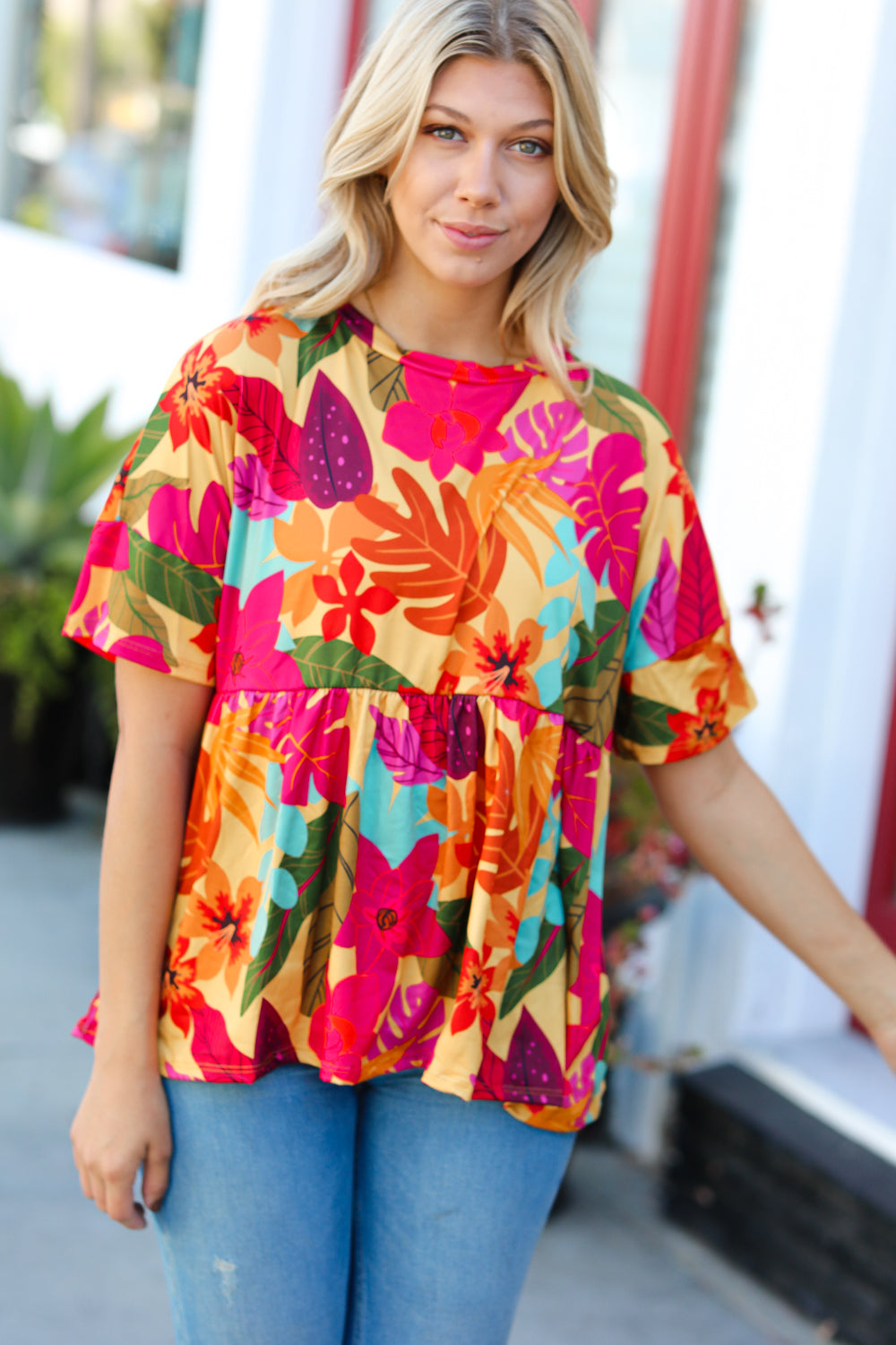 Burnt Orange Drop Shoulder Floral Babydoll Top