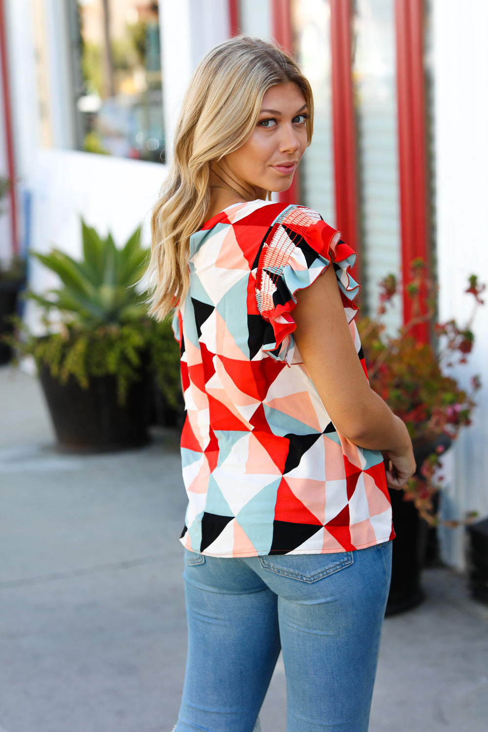 Ivory & Burnt Orange Geo Print Smocked Ruffle Frill Sleeve Top