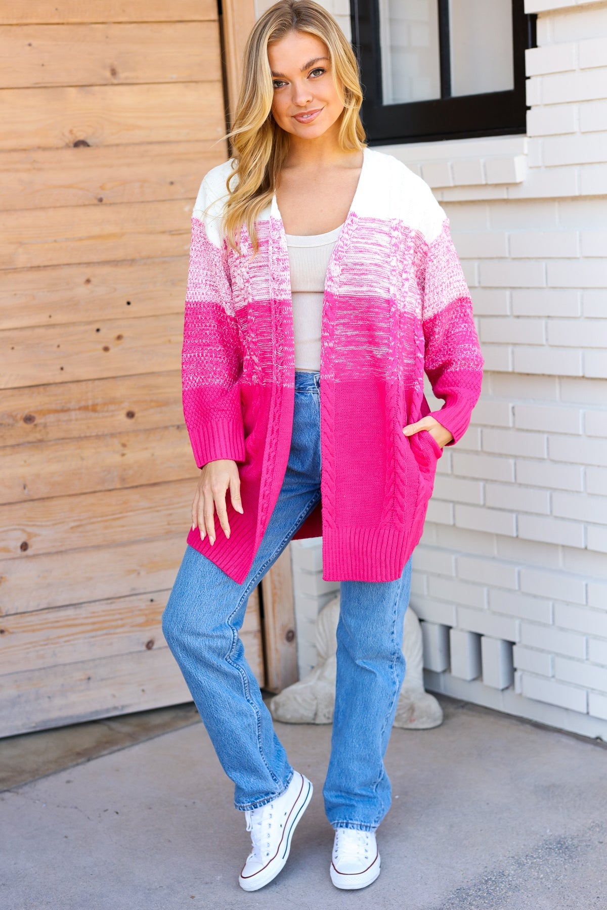 Always Fun Fuchsia Ombre Cable Knit Cardigan