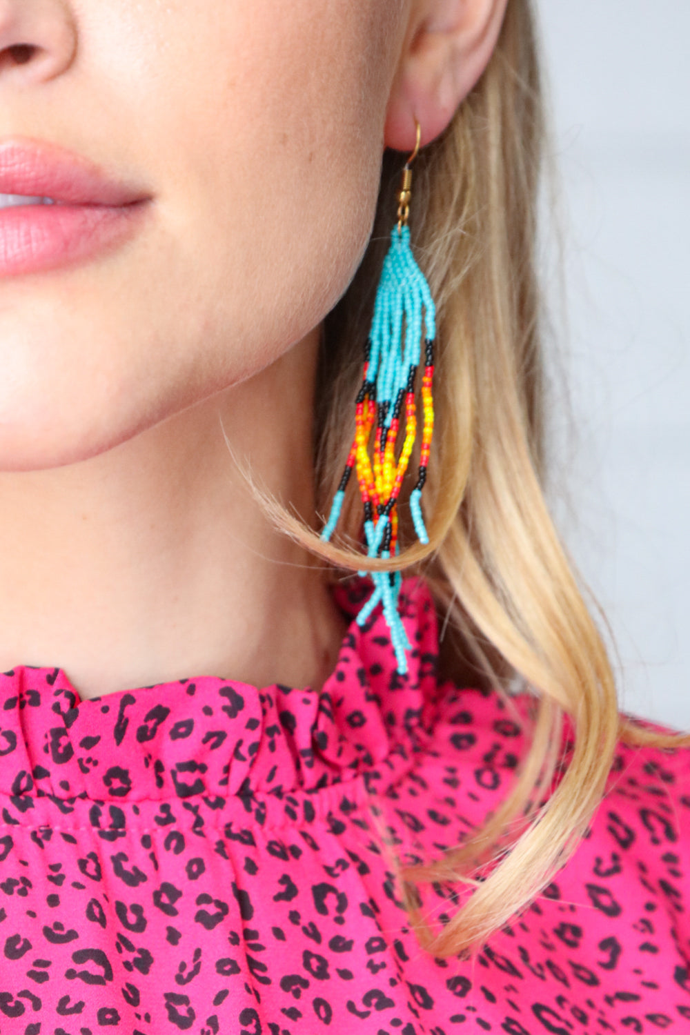 Teal Sunrise Beaded Pyramid Drop Earrings