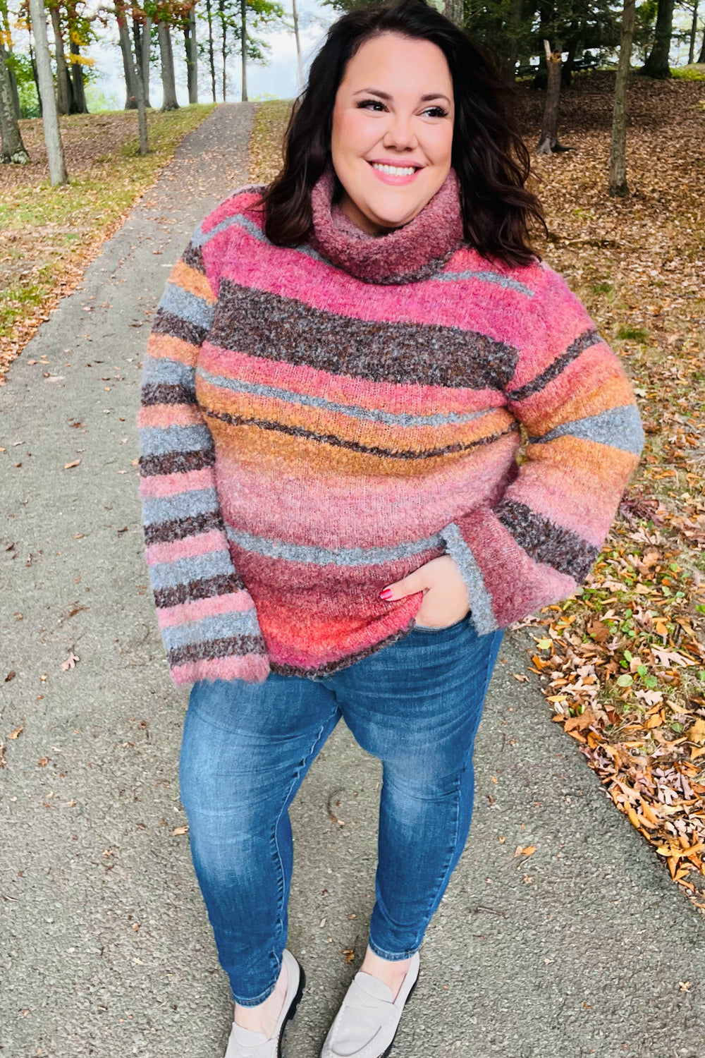 Going My Way Rust & Mustard Stripe Boucle Turtleneck Sweater