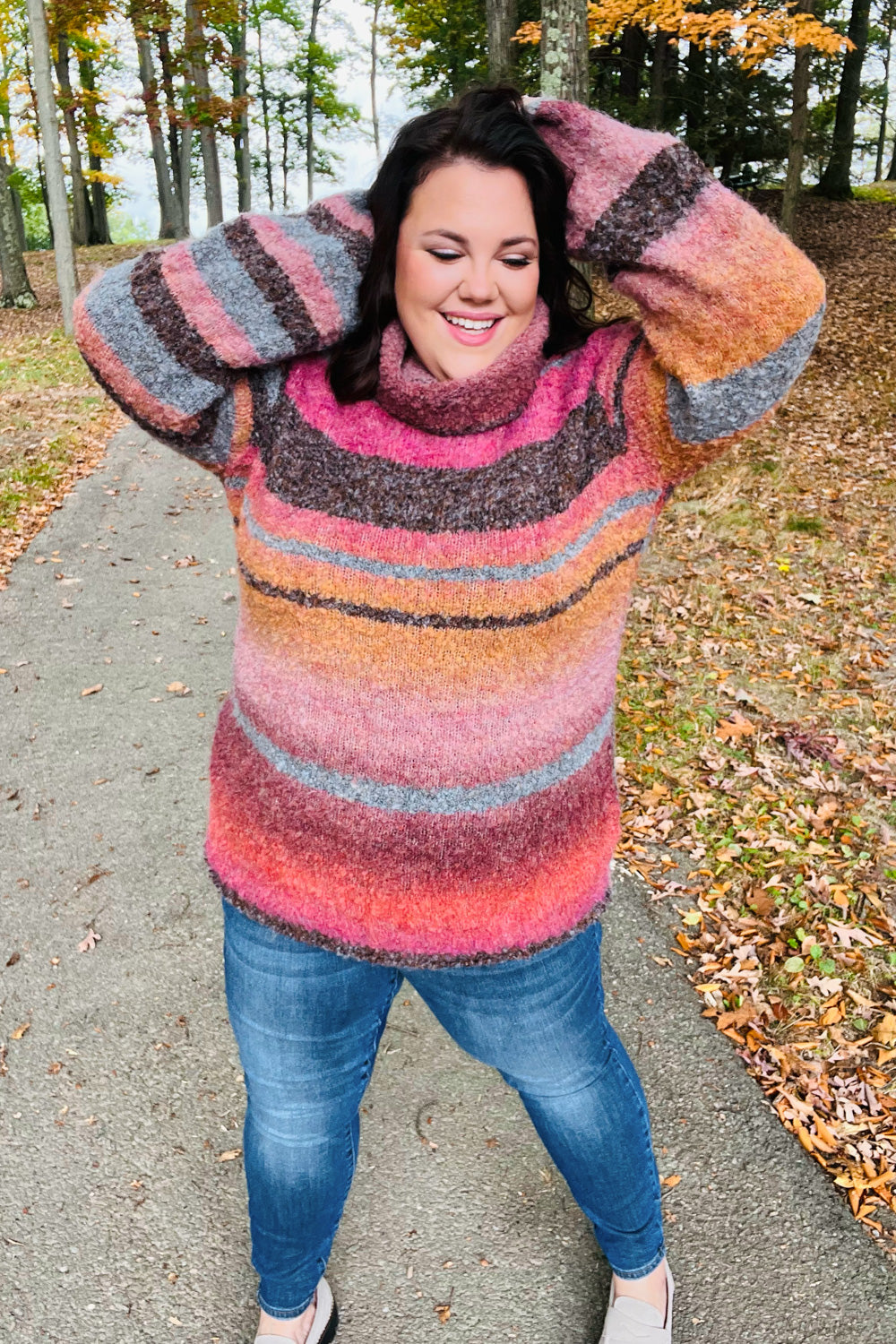 Going My Way Rust & Mustard Stripe Boucle Turtleneck Sweater