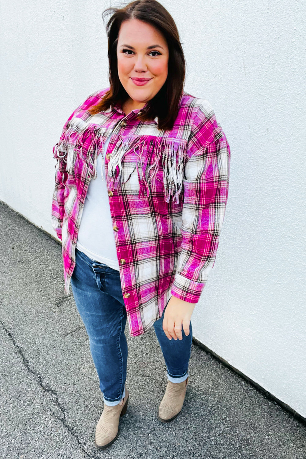 Magenta Plaid Fringe Button Down Shacket