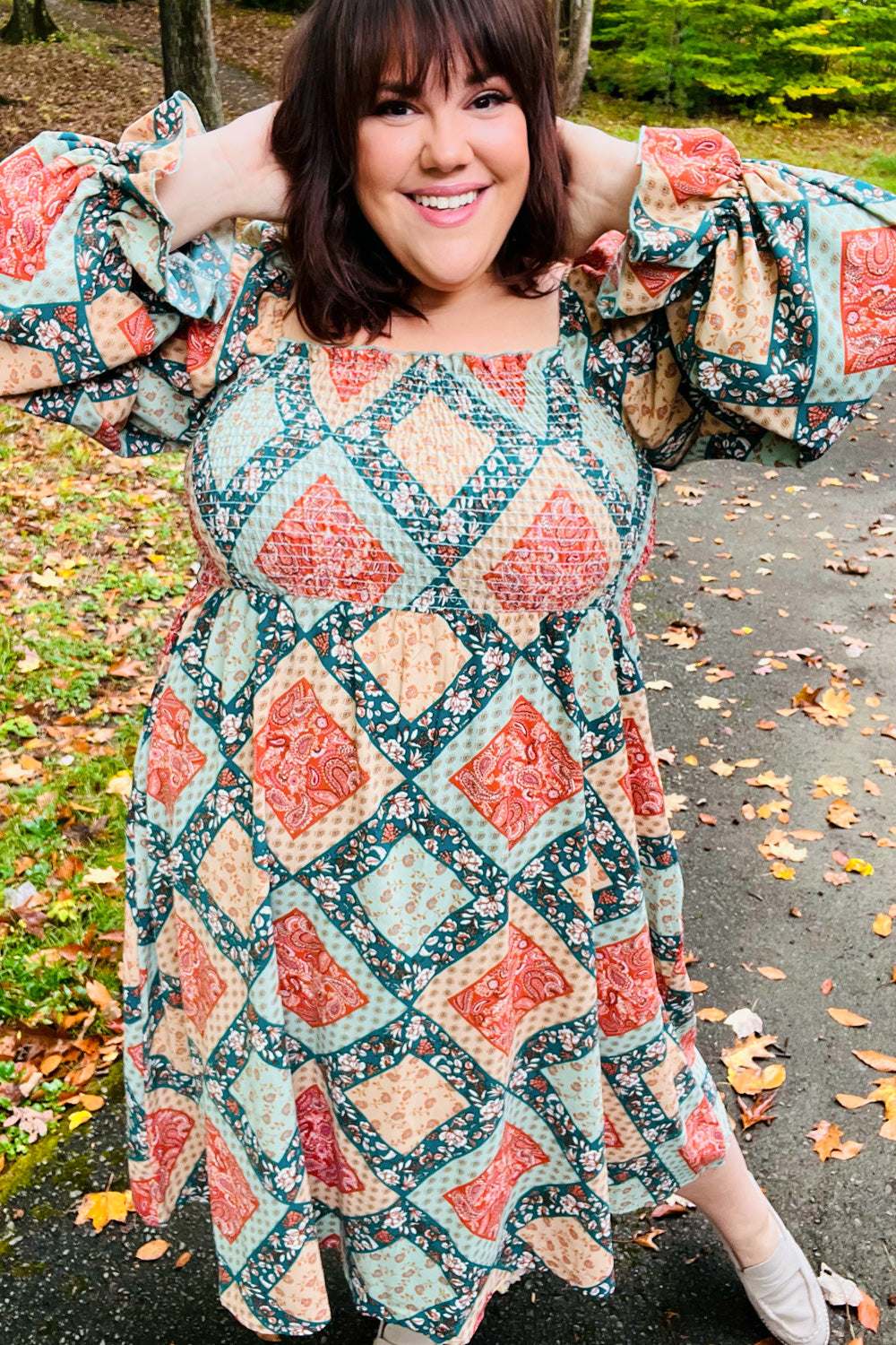 Join Me Later Rust/Teal Boho Smocked Woven Midi Dress