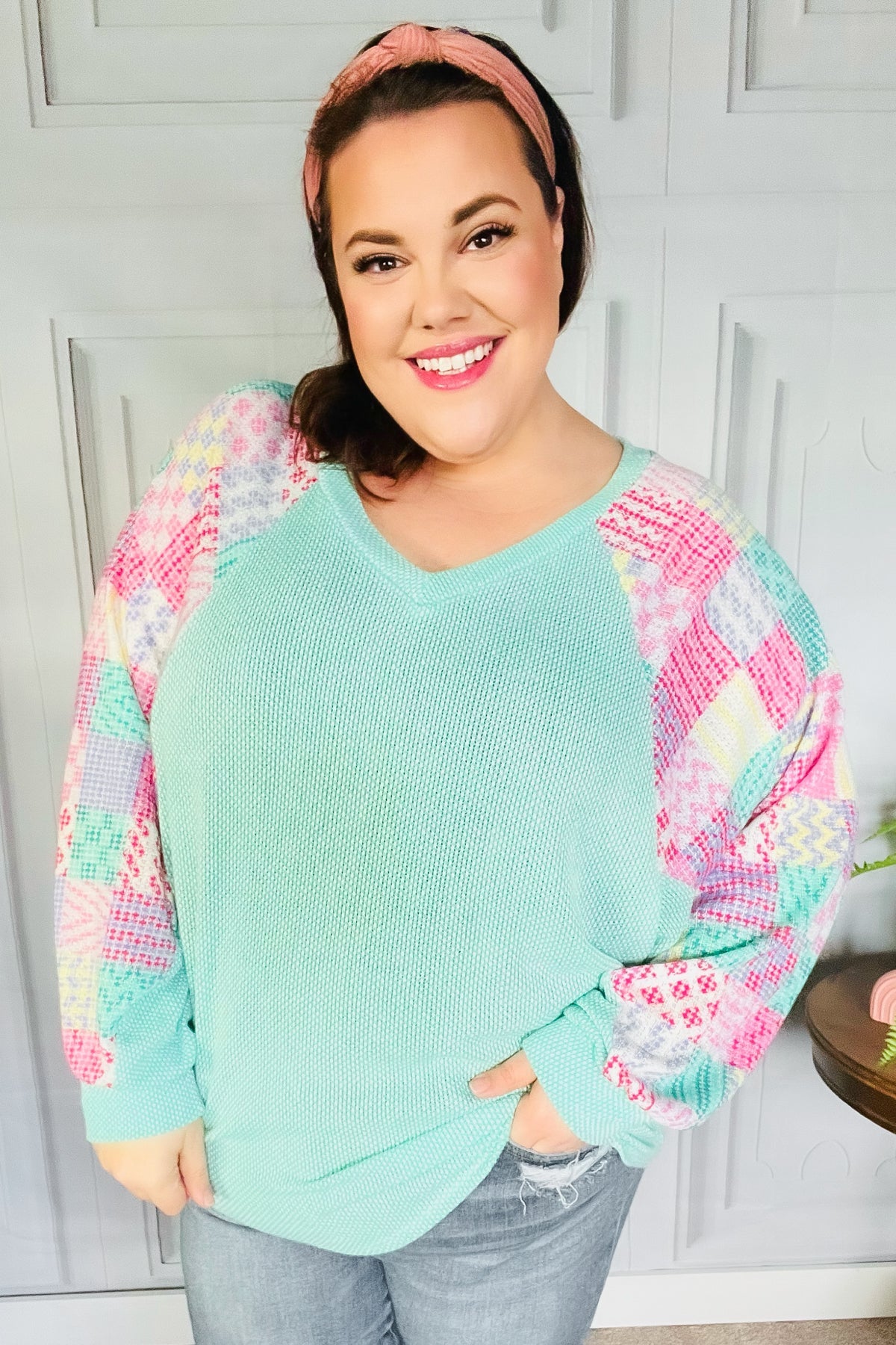 Always Fun Mint Patchwork Print Dolman V Neck Top