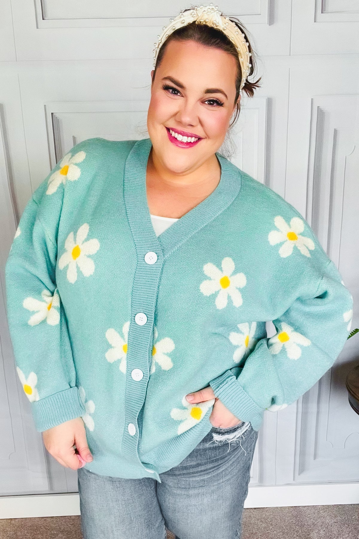 All For Love Mint Daisy Print Button Down Knit Cardigan