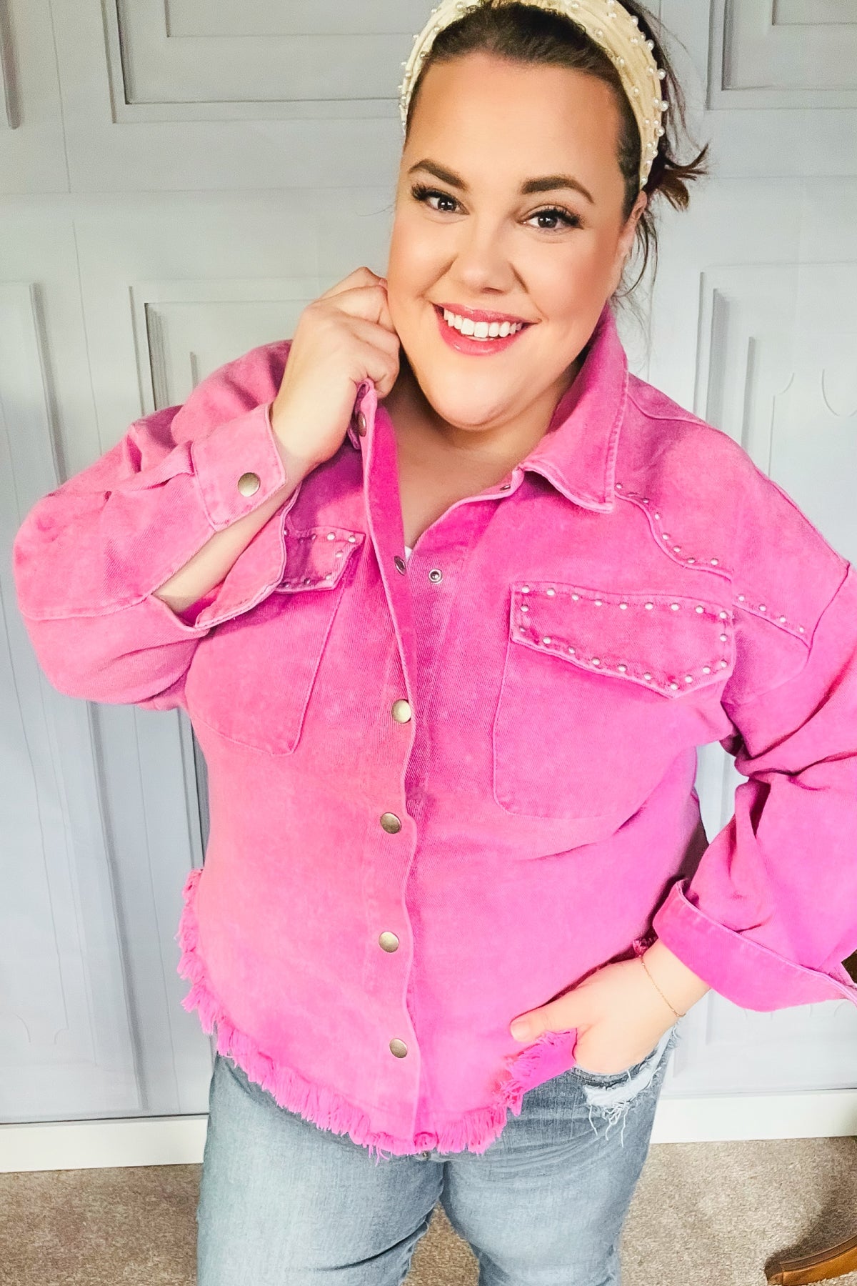 Diva Dreams Pink Acid Wash Stud Detail Denim Jacket