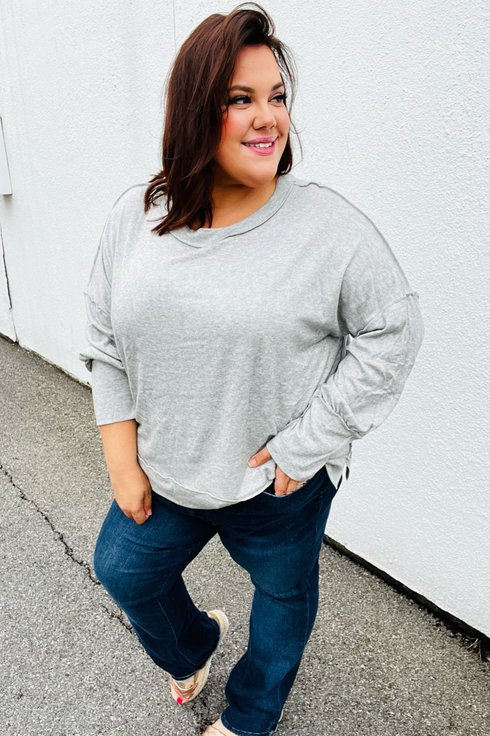 Heather Grey Drop Shoulder Bubble Sleeve Outseam Top