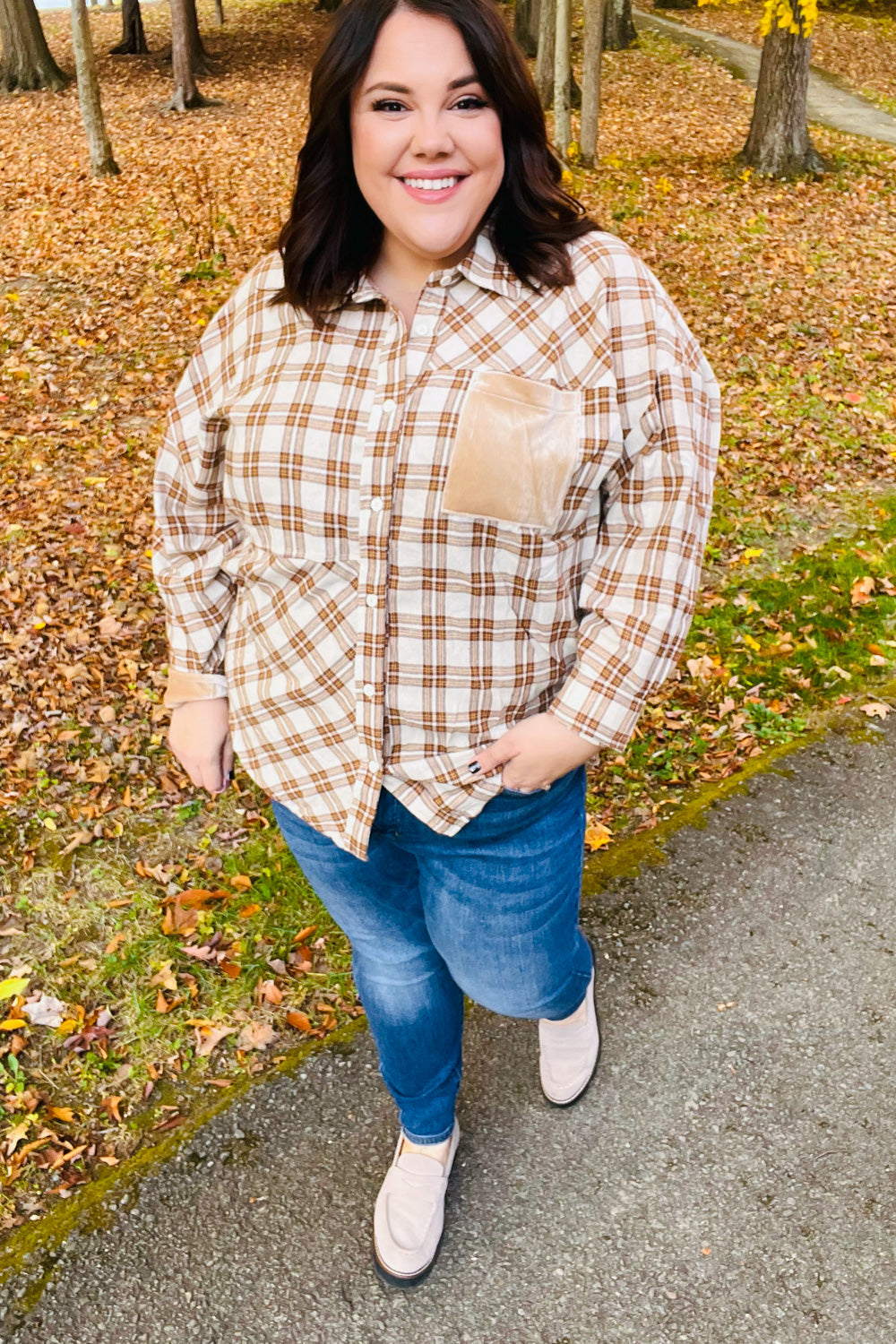 Eyes On You Taupe Plaid Velvet Pocket Button Down Top