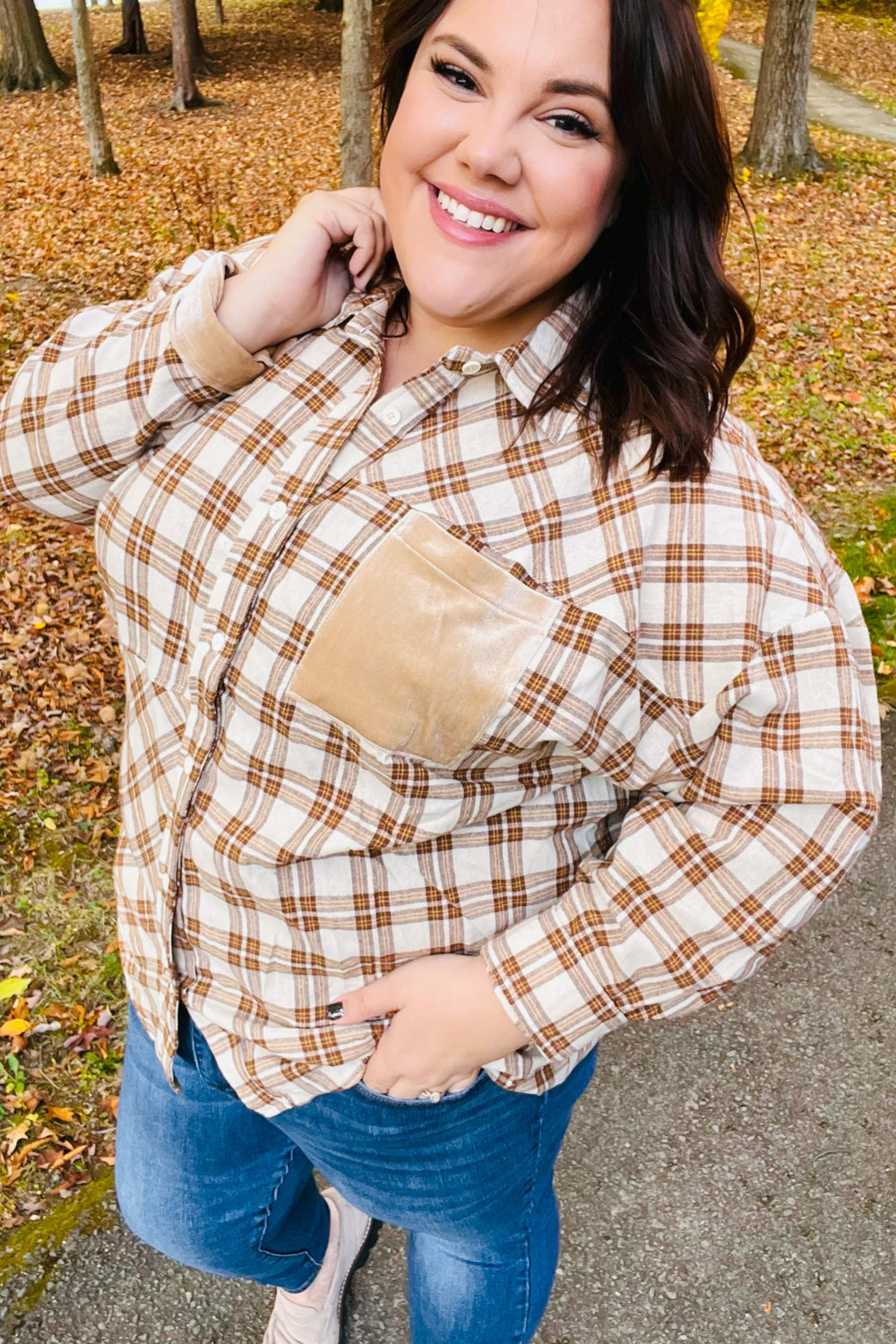 Eyes On You Taupe Plaid Velvet Pocket Button Down Top