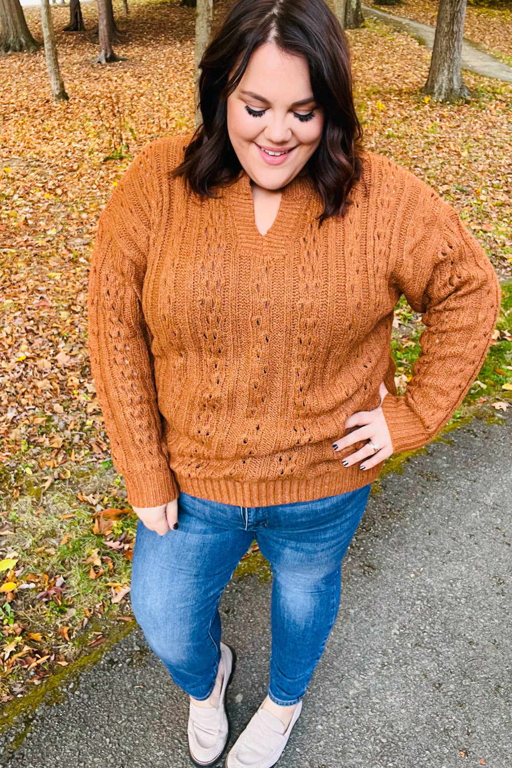 Can't Resist Rust Cable Knit Notched Neck Pullover Sweater