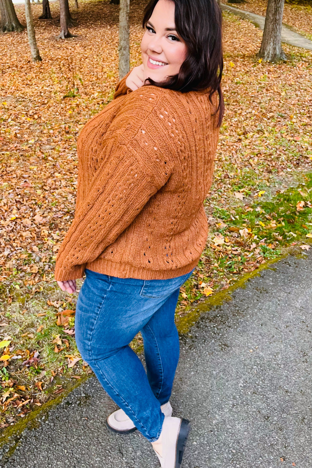 Can't Resist Rust Cable Knit Notched Neck Pullover Sweater