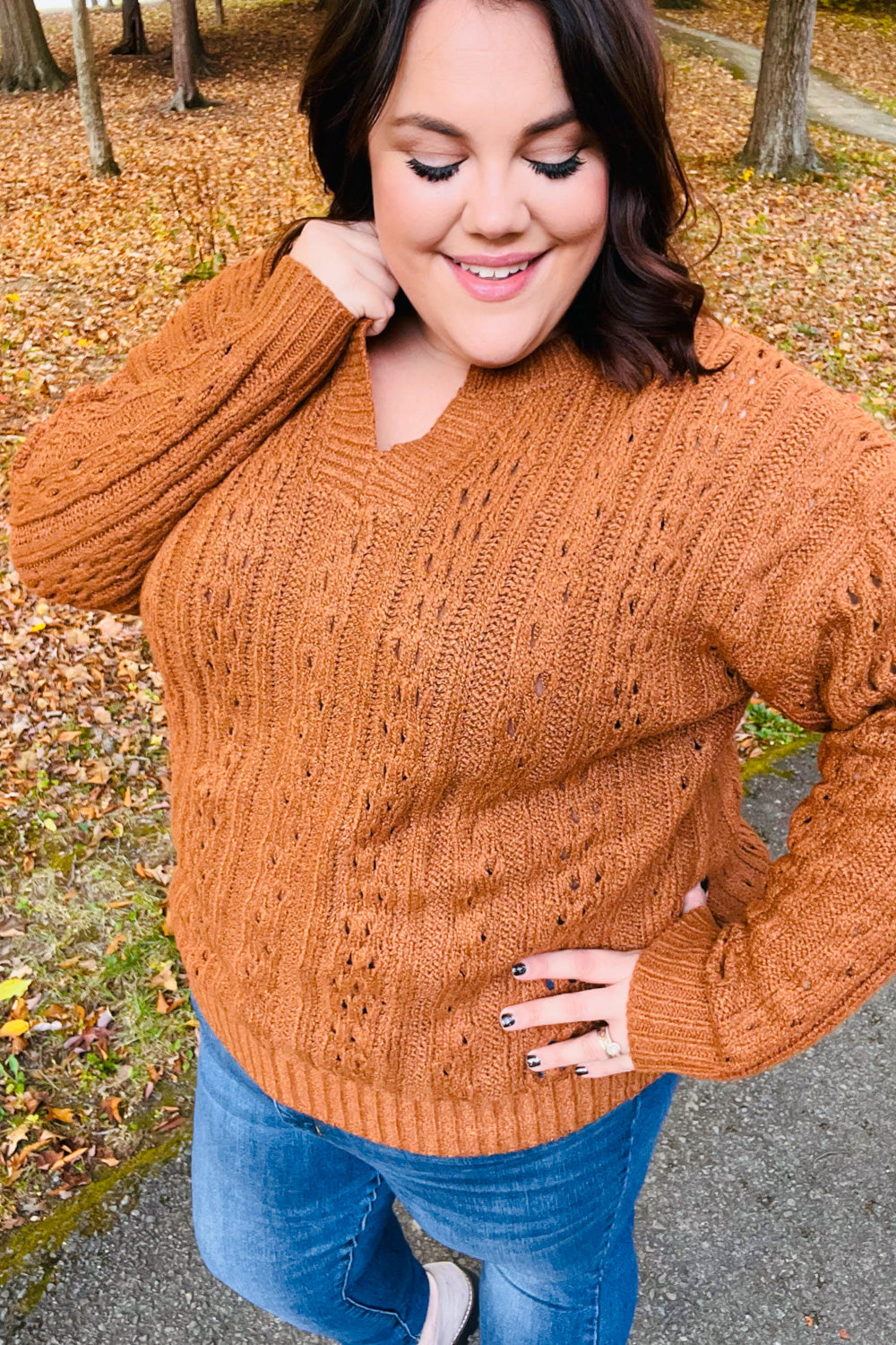 Can't Resist Rust Cable Knit Notched Neck Pullover Sweater