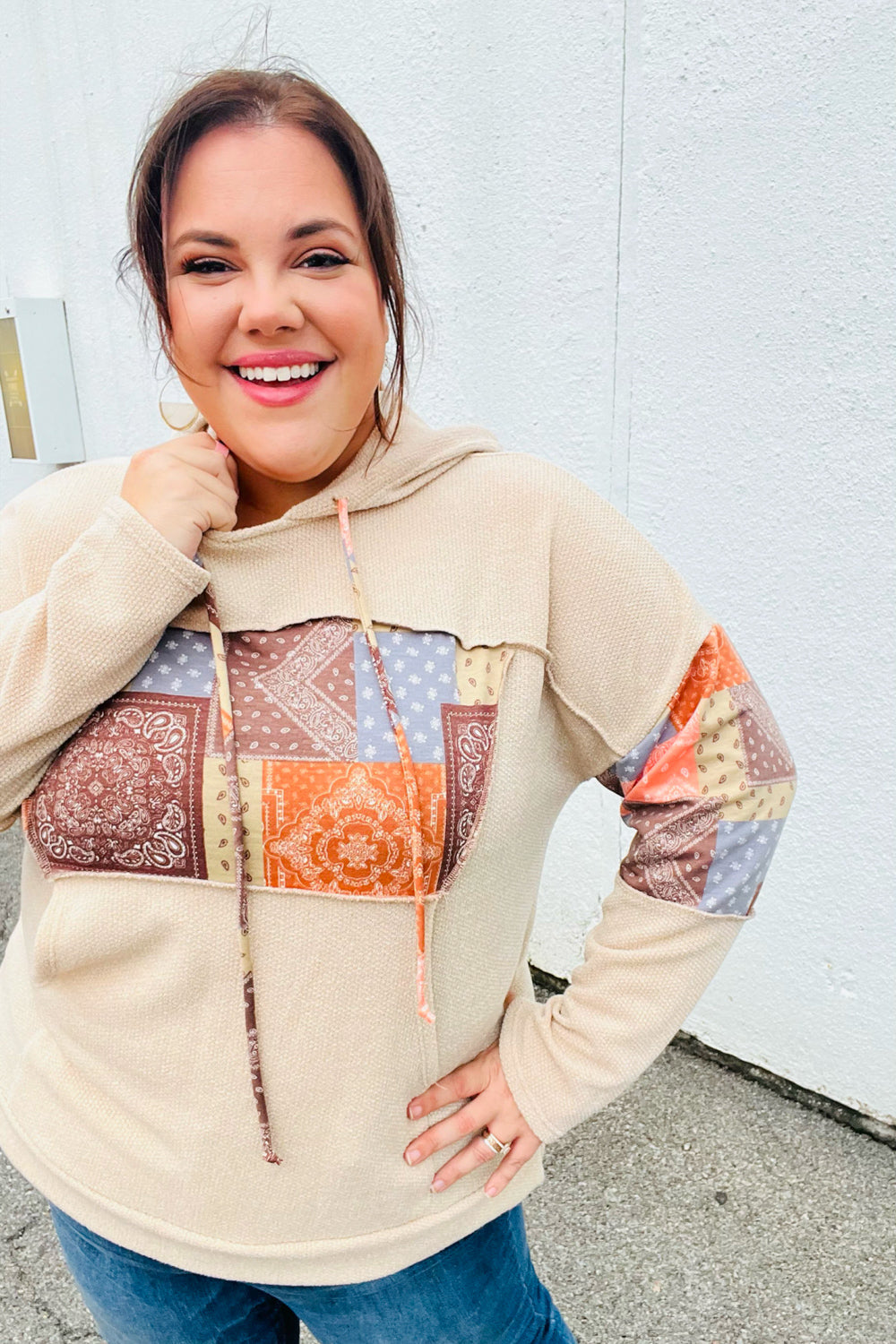 Beige Patchwork Print Kangaroo Pocket Hoodie