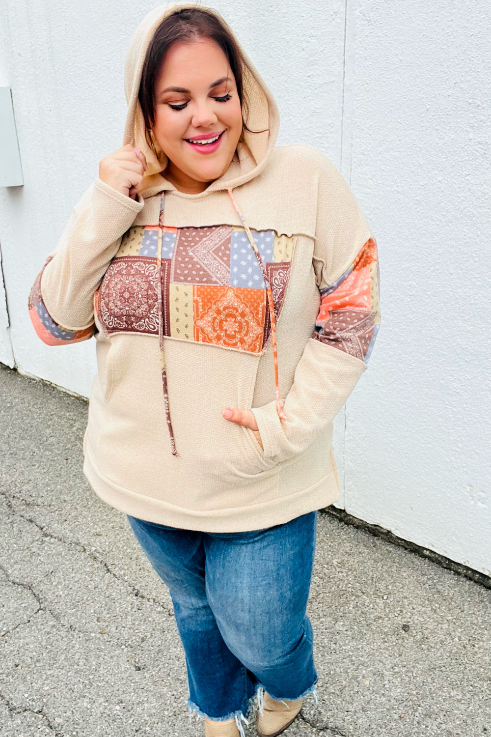 Beige Patchwork Print Kangaroo Pocket Hoodie