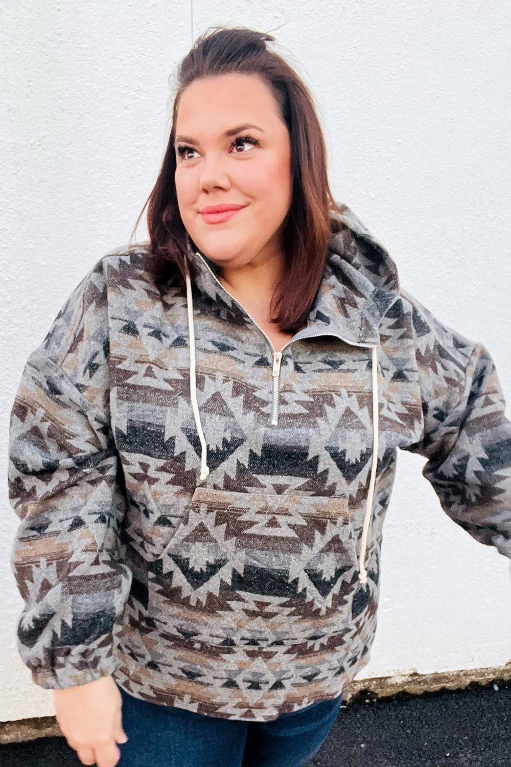 Call For You Grey Aztec Half Zip High Neck Hoodie