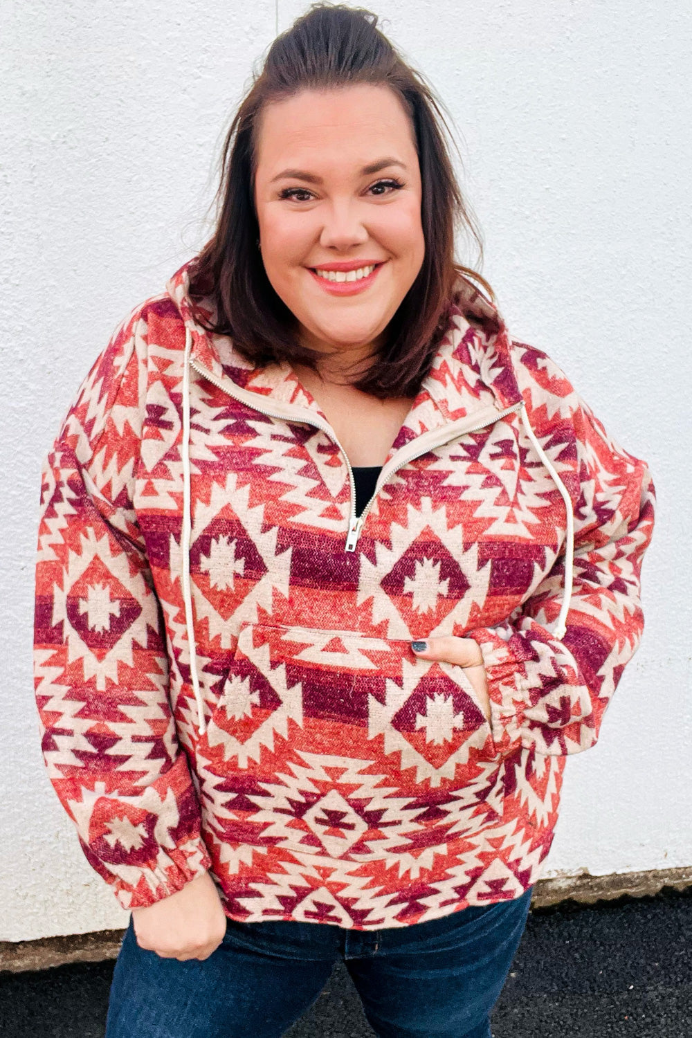 Fall For You Rust & Burgundy Aztec Half Zip High Neck Hoodie