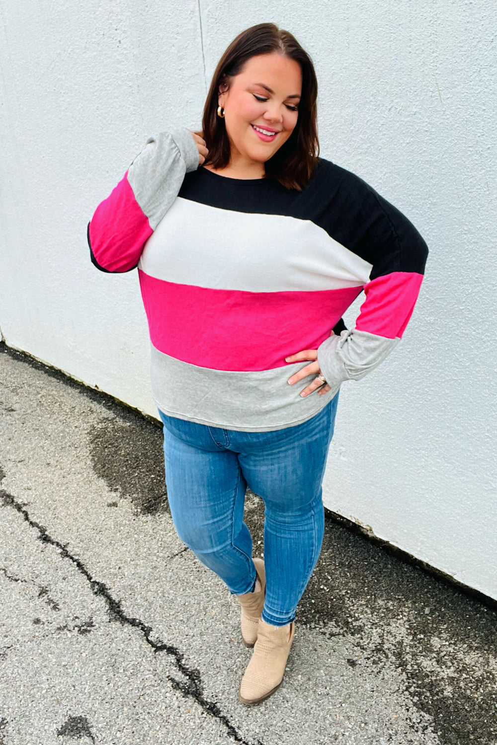 Fuchsia & Black Color Block Hacci Sweater Top