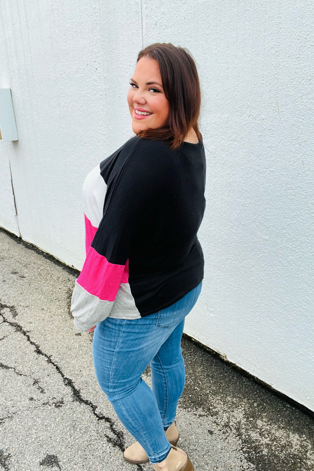 Fuchsia & Black Color Block Hacci Sweater Top