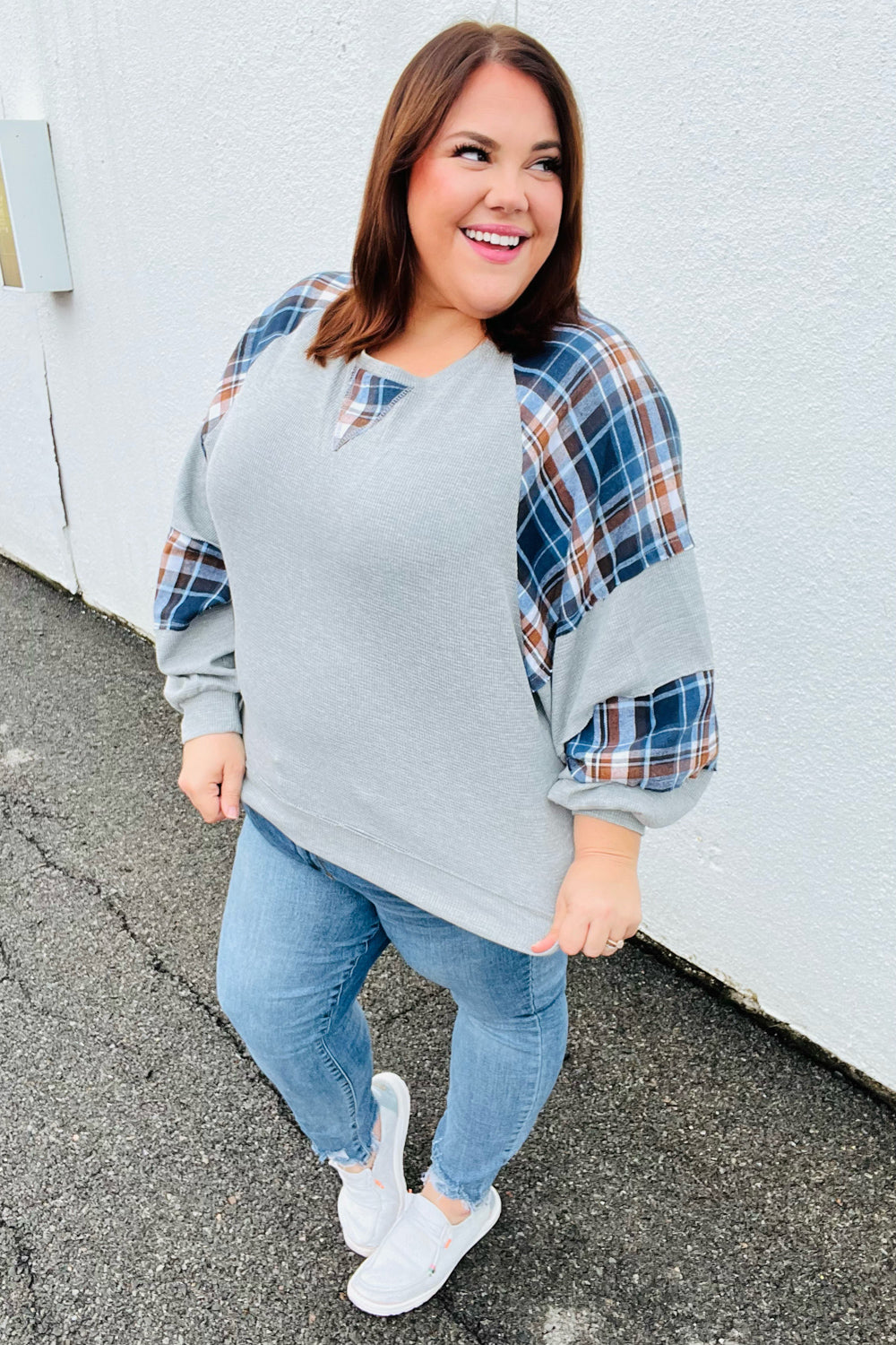 Face The Day Grey/Navy Plaid Thermal Raglan Pullover